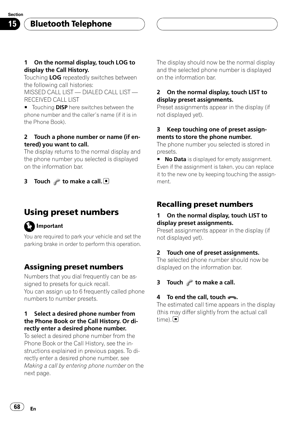 Using preset numbers, Bluetooth telephone, Assigning preset numbers | Recalling preset numbers | Pioneer AVH-P6800DVD User Manual | Page 68 / 120