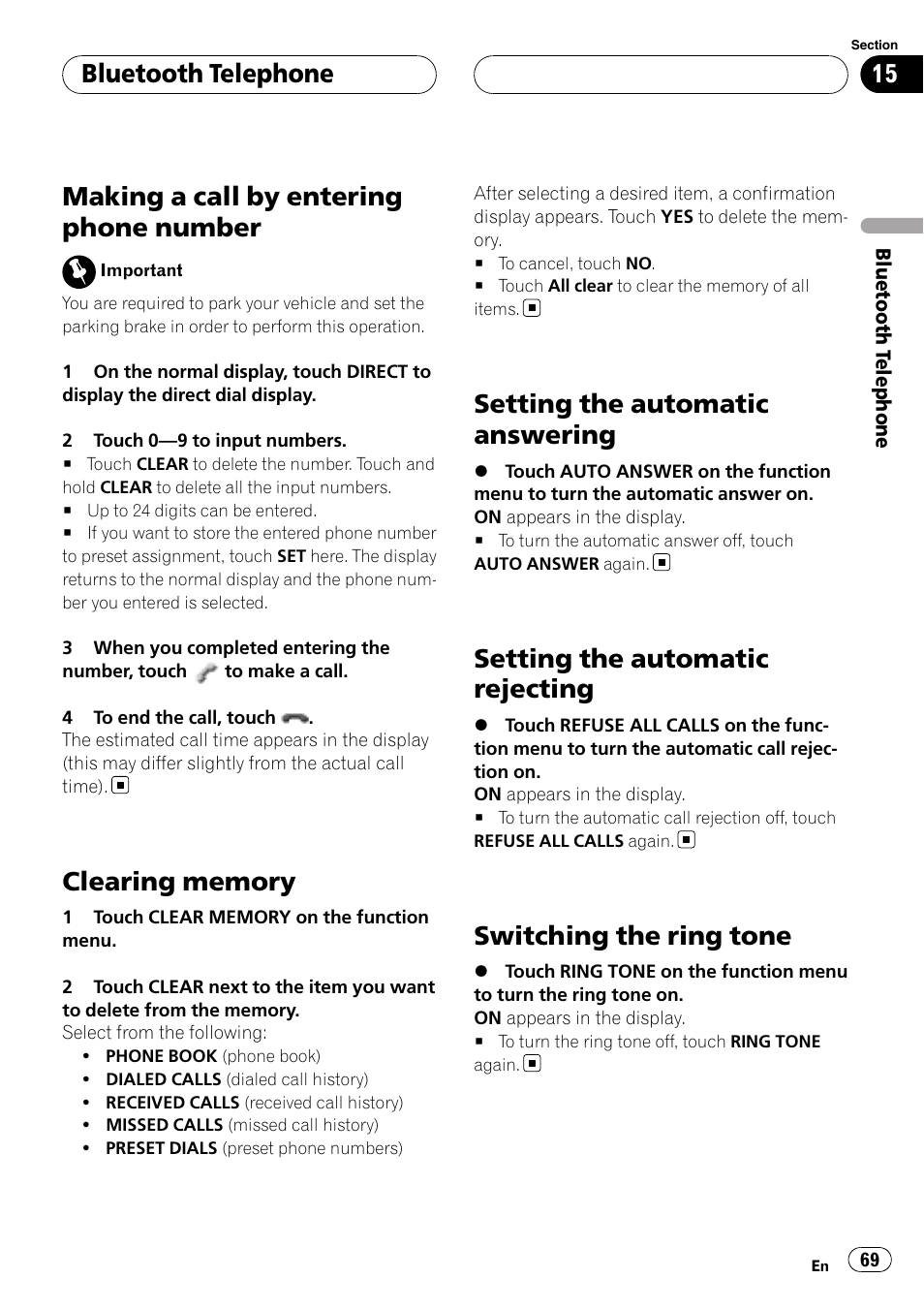 Making a call by entering phone number, Clearing memory, Setting the automatic answering | Setting the automatic rejecting, Switching the ring tone, Bluetooth telephone | Pioneer AVH-P6800DVD User Manual | Page 69 / 120