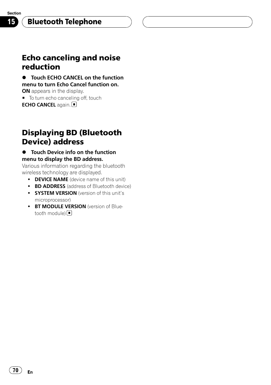 Echo canceling and noise reduction, Displaying bd (bluetooth device), Address | Displaying bd (bluetooth device) address, Bluetooth telephone | Pioneer AVH-P6800DVD User Manual | Page 70 / 120