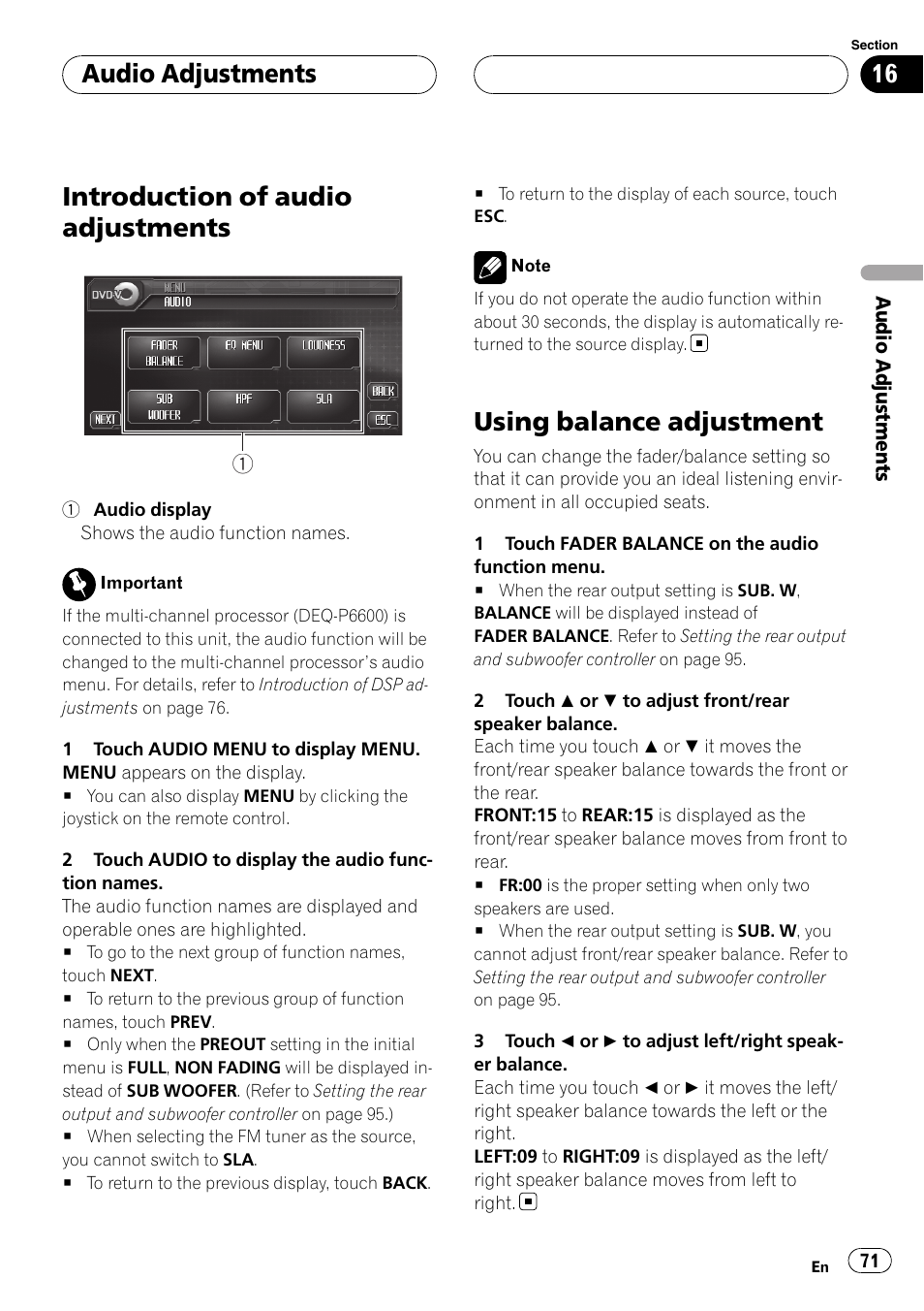 Using balance adjustment, Introduction of audio adjustments, Audio adjustments | Pioneer AVH-P6800DVD User Manual | Page 71 / 120