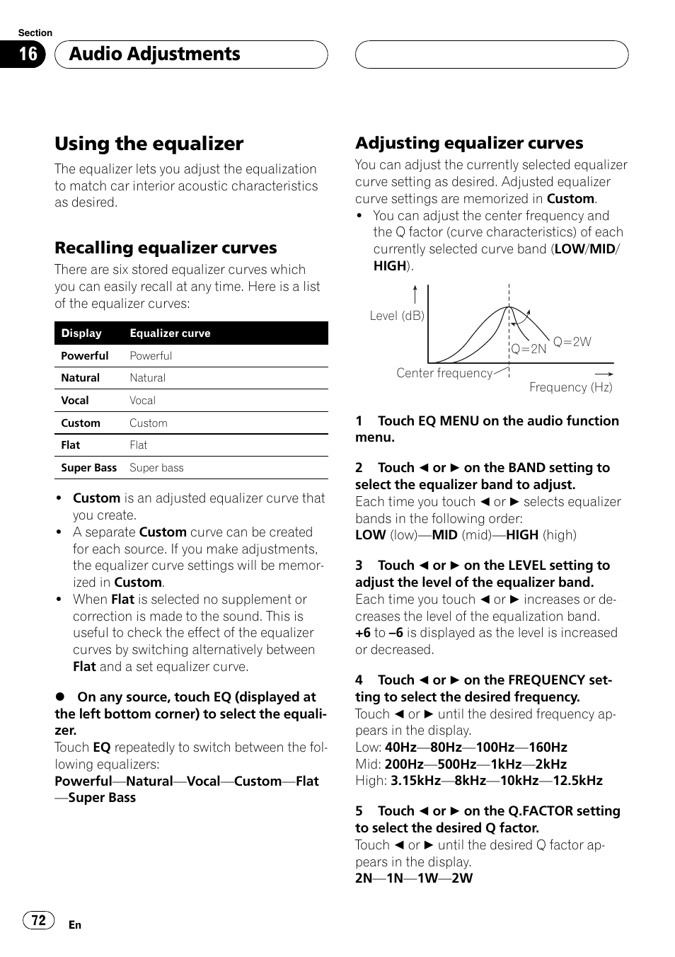 Using the equalizer, Audio adjustments, Recalling equalizer curves | Adjusting equalizer curves | Pioneer AVH-P6800DVD User Manual | Page 72 / 120