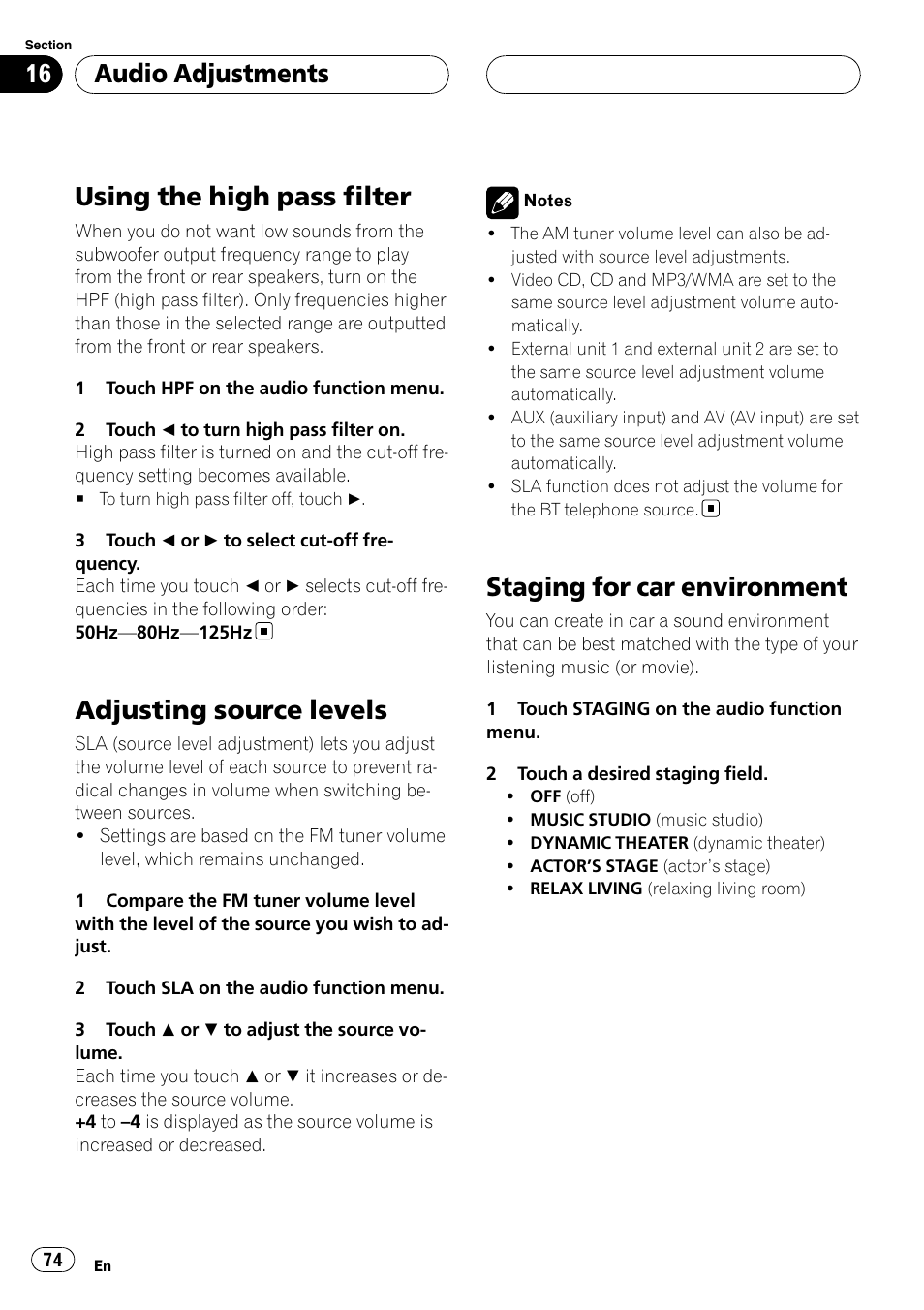 Using the high pass filter, Adjusting source levels, Staging for car environment | Audio adjustments | Pioneer AVH-P6800DVD User Manual | Page 74 / 120