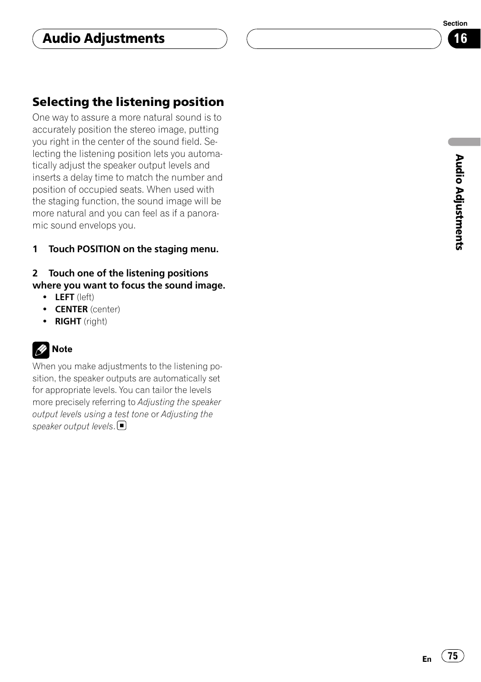 Audio adjustments | Pioneer AVH-P6800DVD User Manual | Page 75 / 120