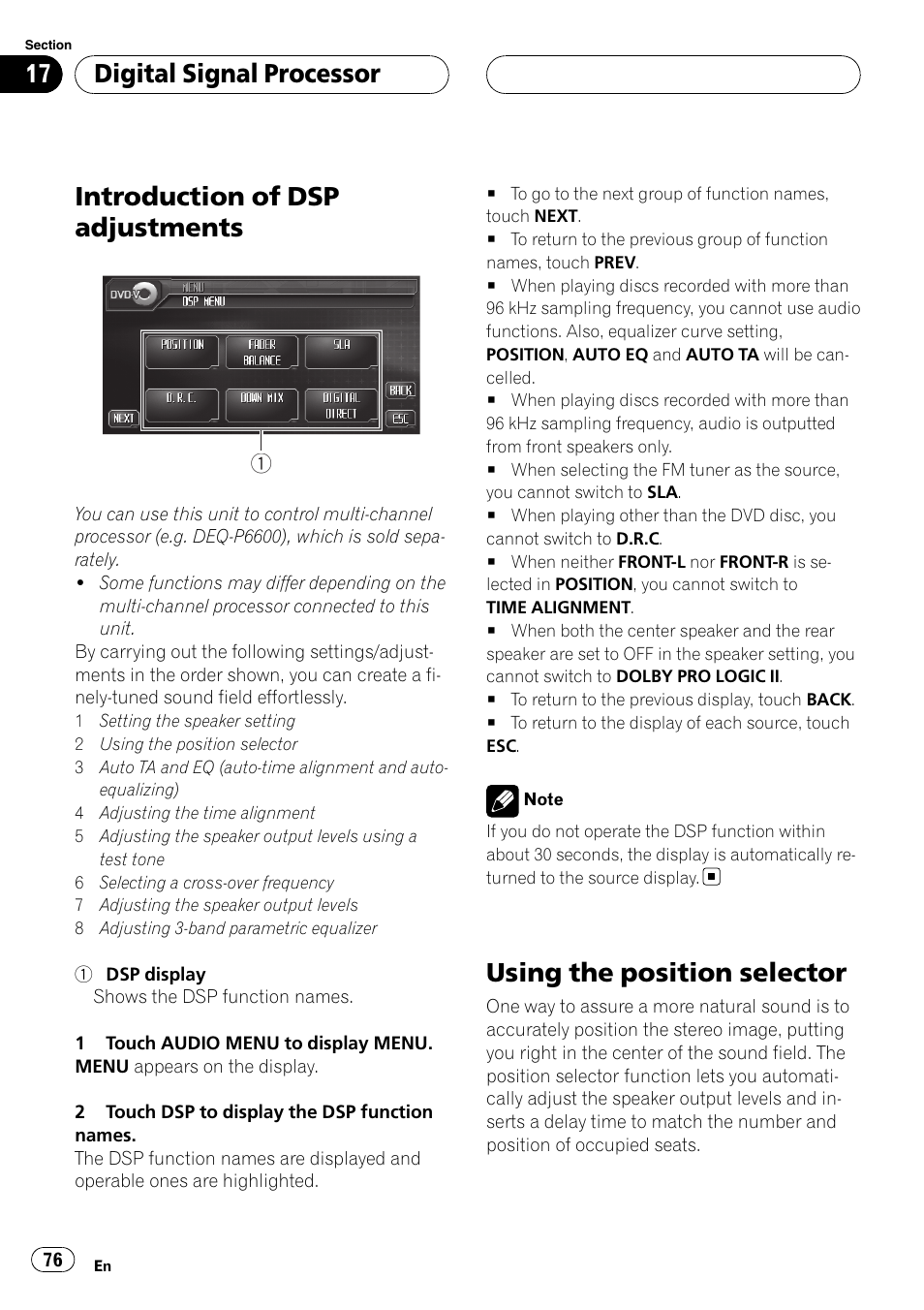Using the position selector, Introduction of dsp adjustments, Digital signal processor | Pioneer AVH-P6800DVD User Manual | Page 76 / 120