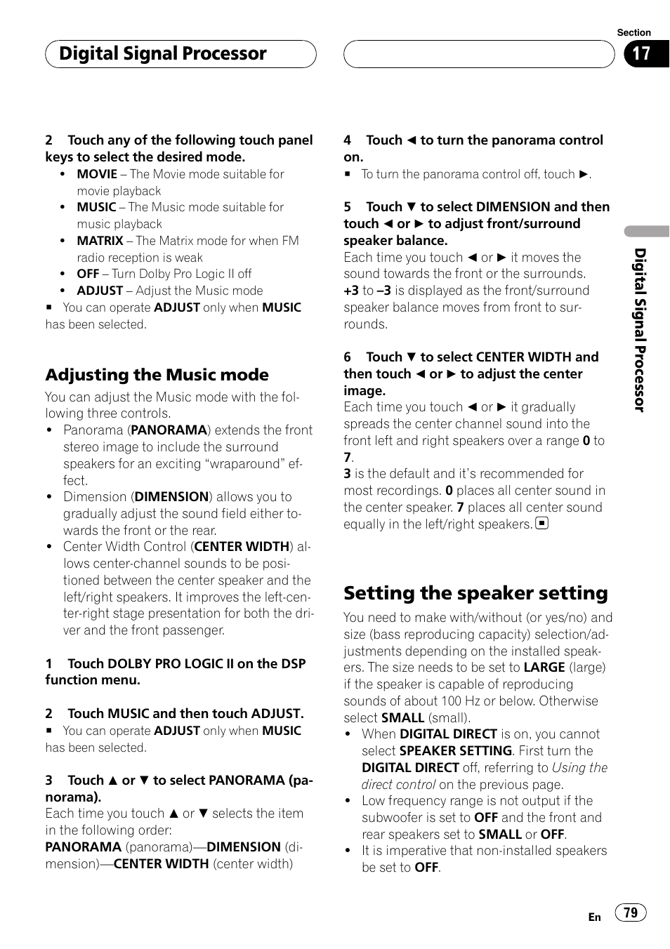Setting the speaker setting, Digital signal processor, Adjusting the music mode | Pioneer AVH-P6800DVD User Manual | Page 79 / 120