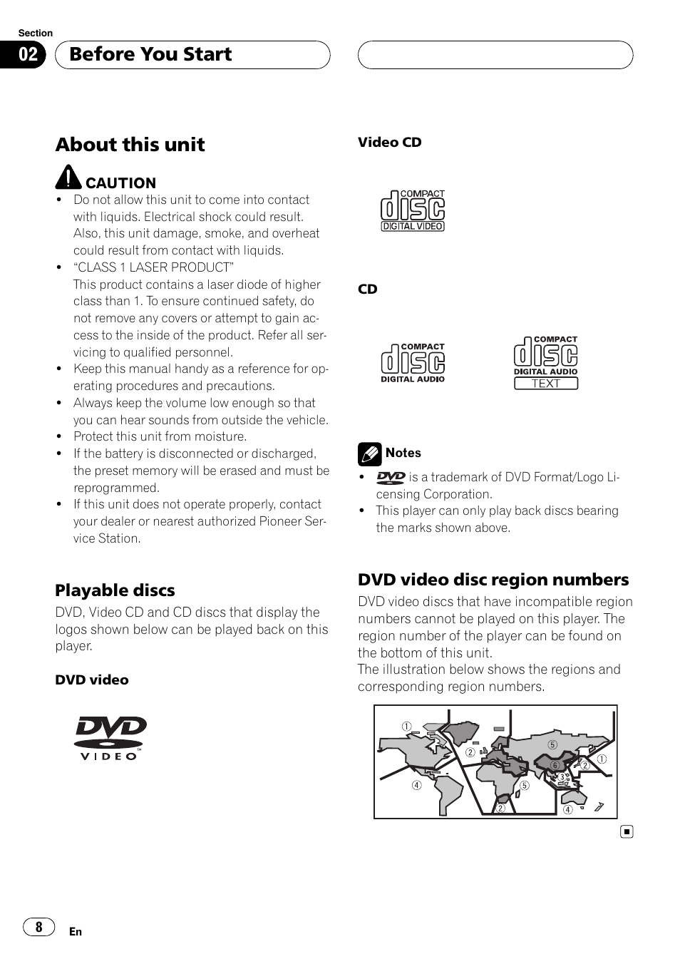 Playable discs 8, Dvd video disc region numbers 8, Before you start about this unit | About this unit, Before you start, Playable discs, Dvd video disc region numbers | Pioneer AVH-P6800DVD User Manual | Page 8 / 120