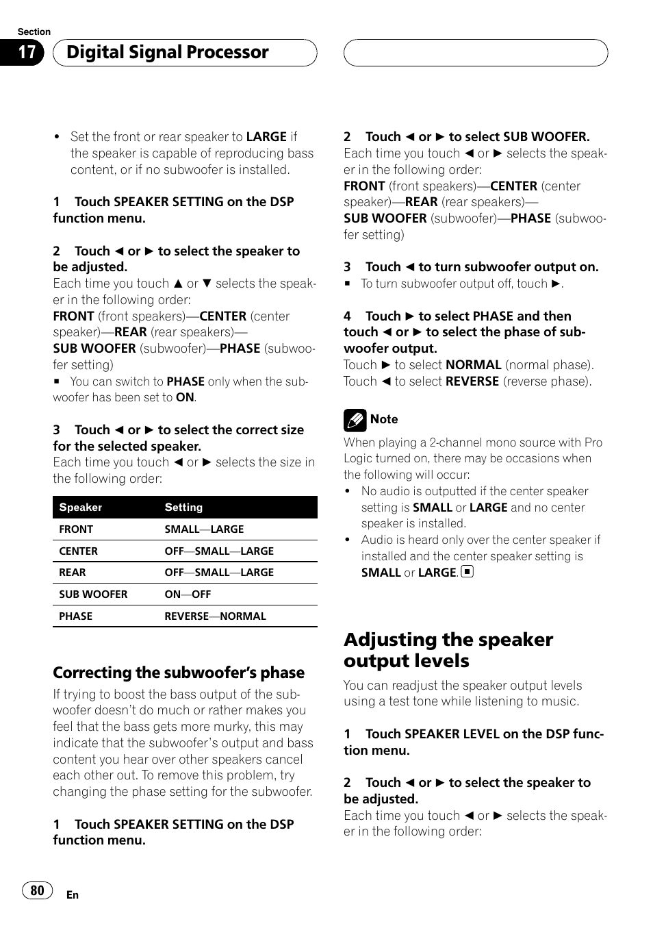 Adjusting the speaker output levels, Digital signal processor, Correcting the subwoofer ’s phase | Pioneer AVH-P6800DVD User Manual | Page 80 / 120