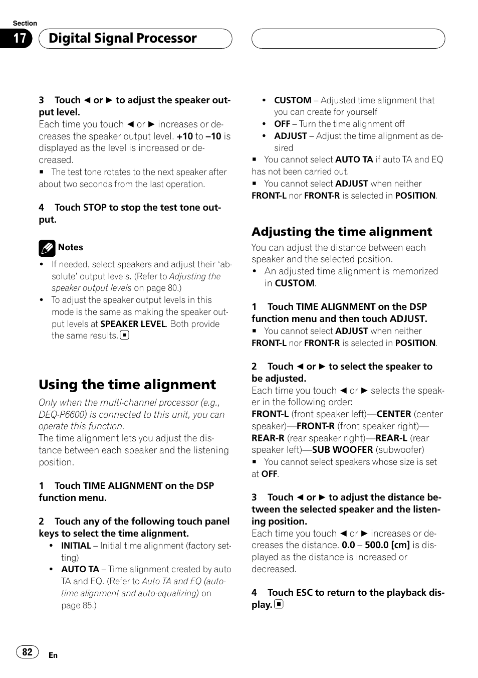 Using the time alignment, Adjusting the time alignment, Digital signal processor | Pioneer AVH-P6800DVD User Manual | Page 82 / 120