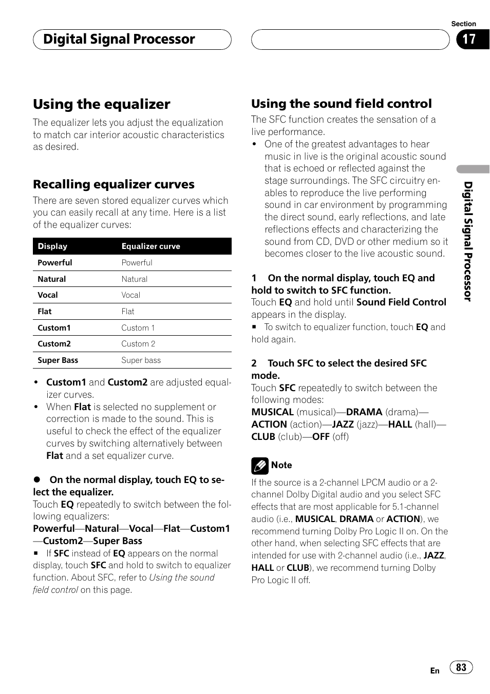Using the equalizer, Digital signal processor, Recalling equalizer curves | Using the sound field control | Pioneer AVH-P6800DVD User Manual | Page 83 / 120