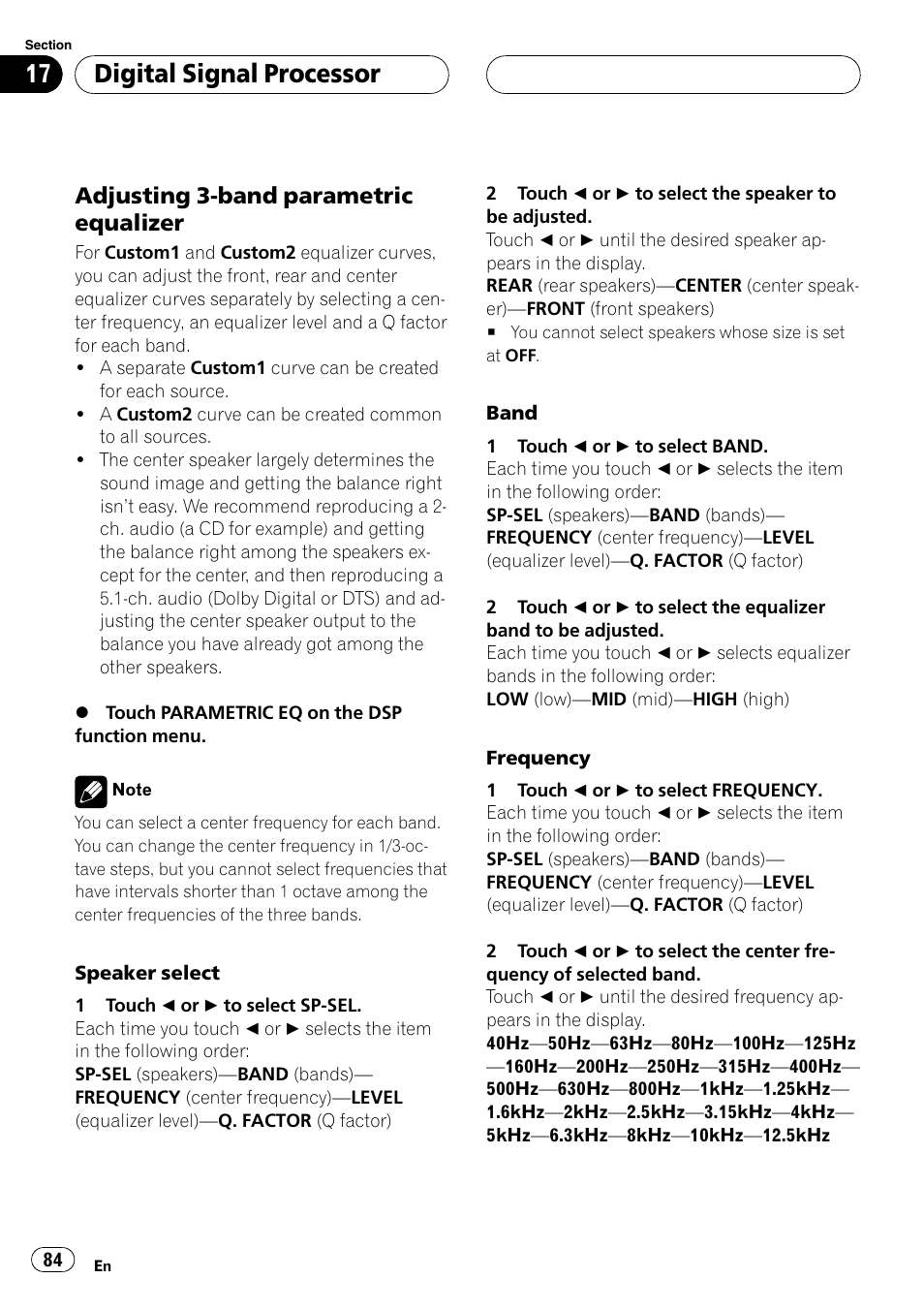 Adjusting 3-band parametric equalizer, Digital signal processor | Pioneer AVH-P6800DVD User Manual | Page 84 / 120