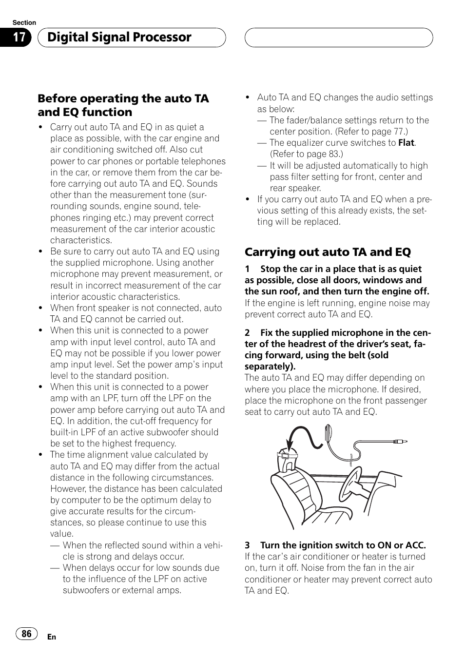 Digital signal processor, Before operating the auto ta and eq function, Carrying out auto ta and eq | Pioneer AVH-P6800DVD User Manual | Page 86 / 120