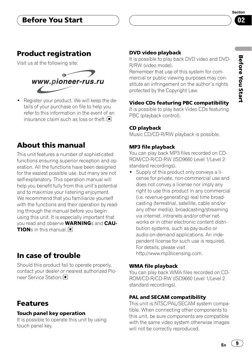 Product registration, About this manual, In case of trouble | Features, Before you start | Pioneer AVH-P6800DVD User Manual | Page 9 / 120