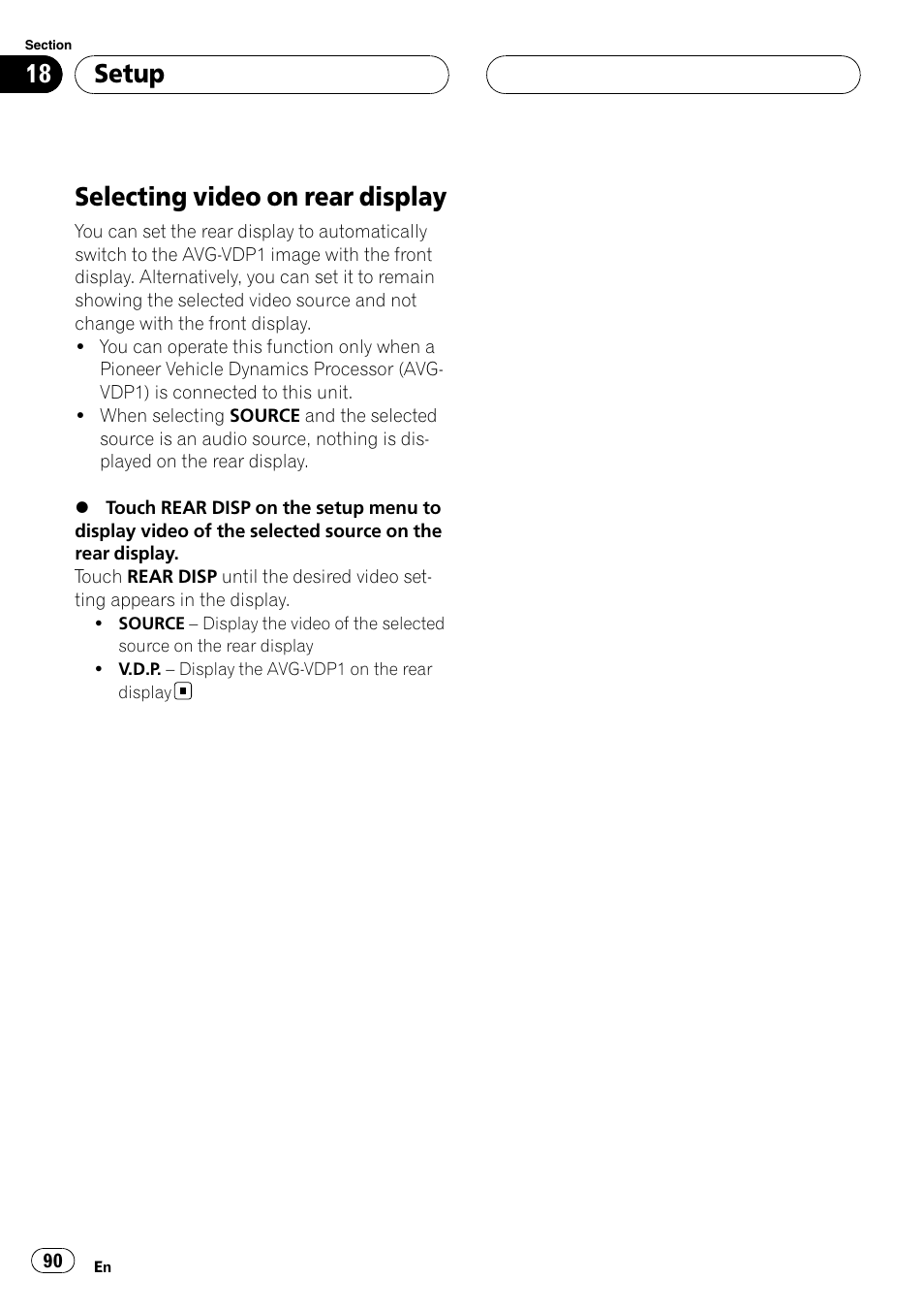 Selecting video on rear display, Setup | Pioneer AVH-P6800DVD User Manual | Page 90 / 120