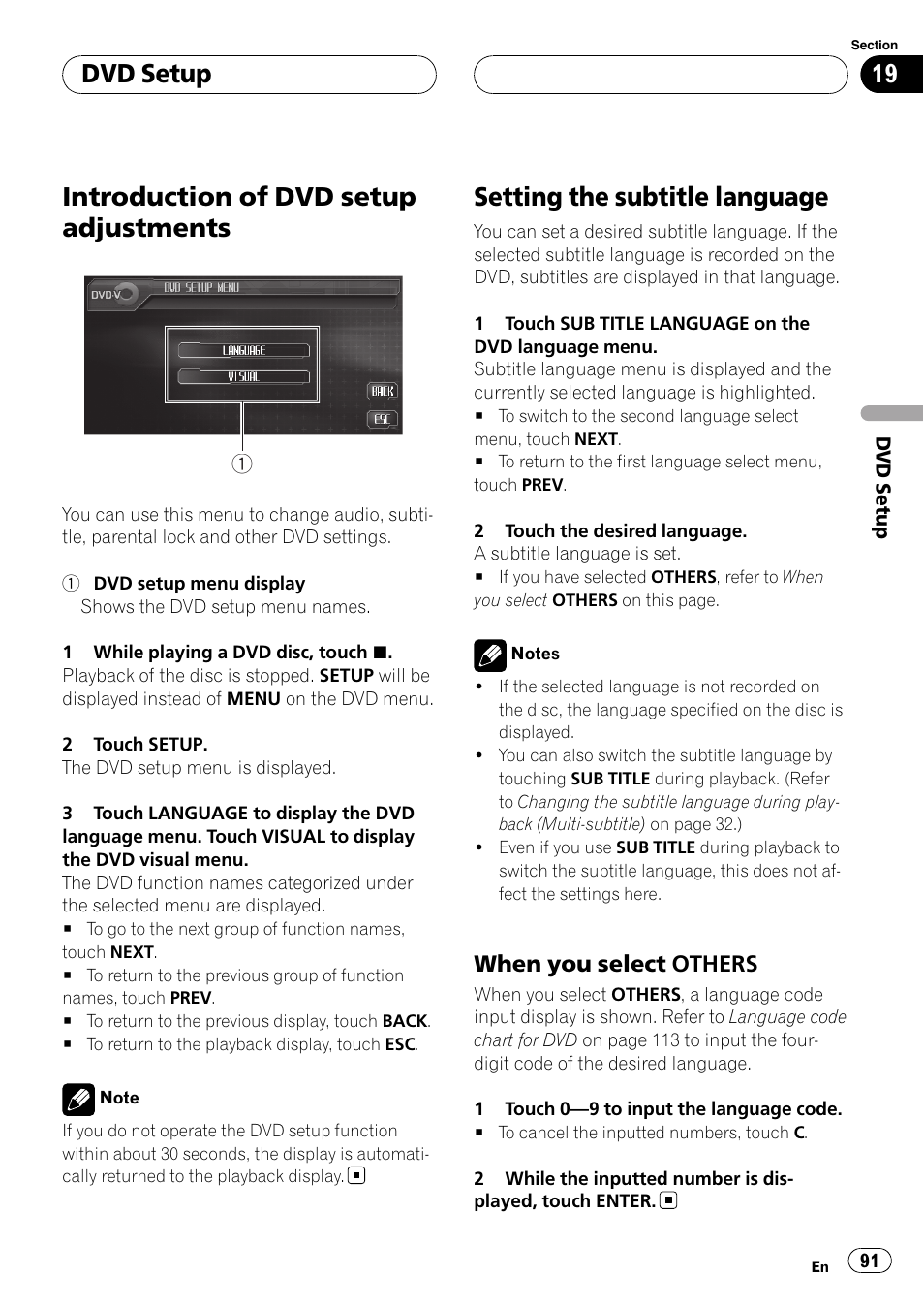 Dvd setup introduction of dvd setup adjustments, Setting the subtitle language, Introduction of dvd setup adjustments | Dvd setup, When you select others | Pioneer AVH-P6800DVD User Manual | Page 91 / 120