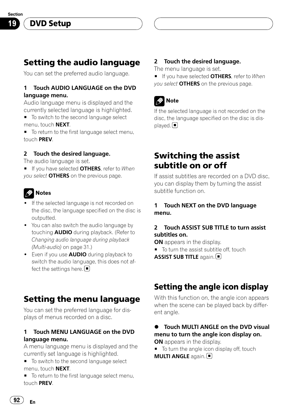Setting the audio language, Setting the menu language, Switching the assist subtitle on or off | Setting the angle icon display, Dvd setup | Pioneer AVH-P6800DVD User Manual | Page 92 / 120