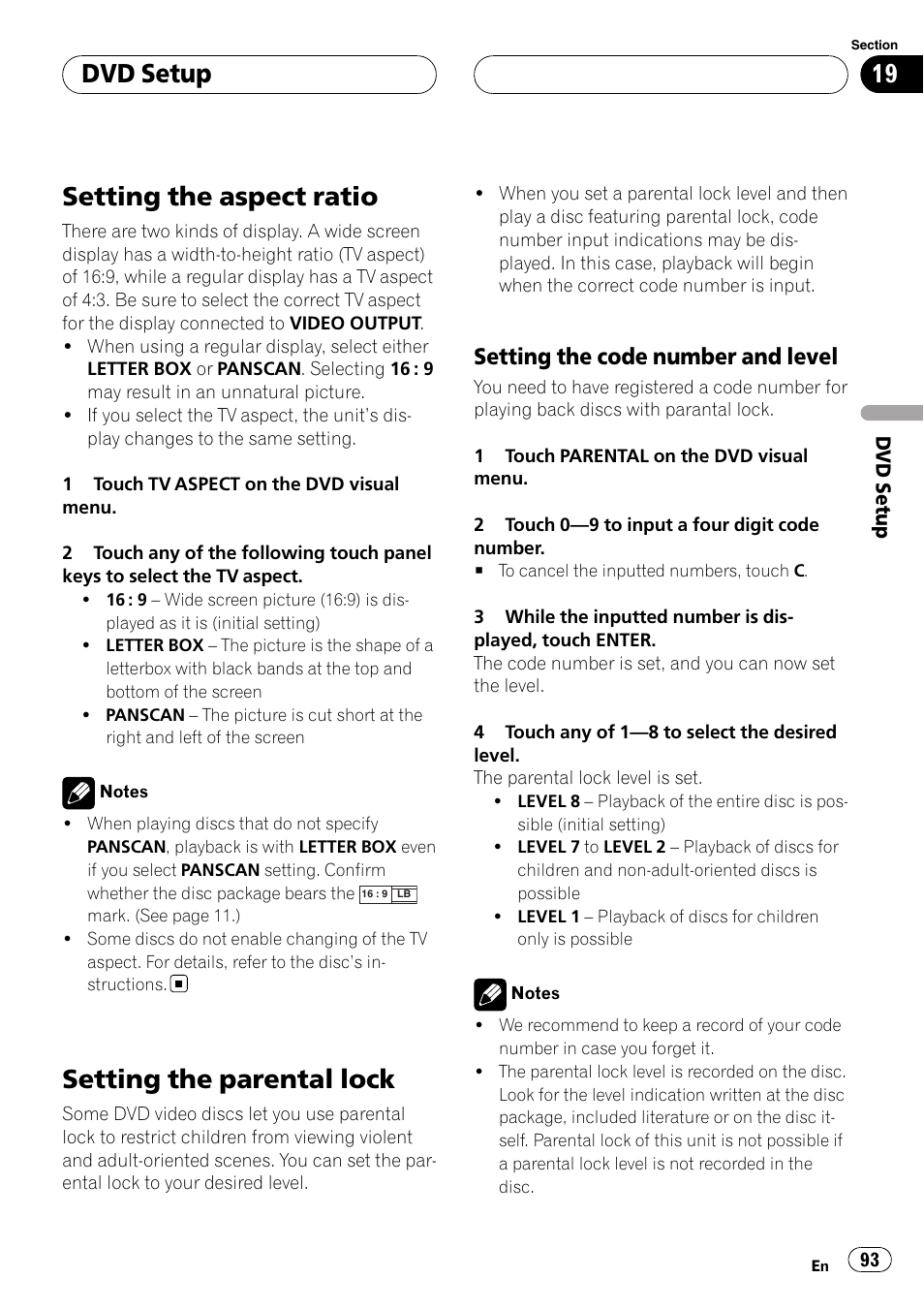 Setting the aspect ratio, Setting the parental lock, Dvd setup | Setting the code number and level | Pioneer AVH-P6800DVD User Manual | Page 93 / 120