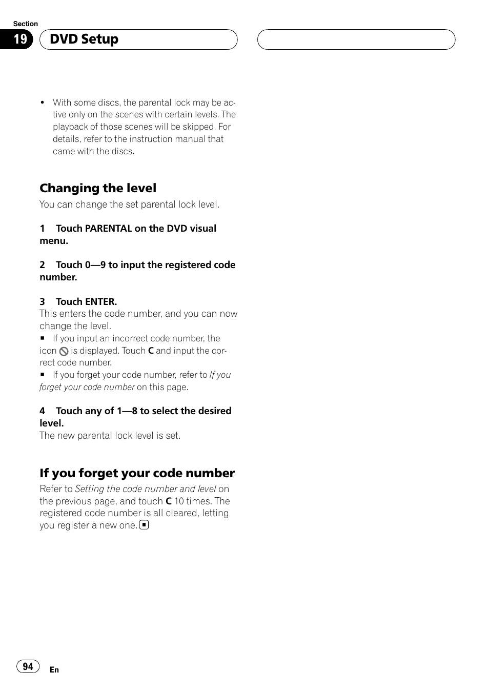 Dvd setup, Changing the level, If you forget your code number | Pioneer AVH-P6800DVD User Manual | Page 94 / 120