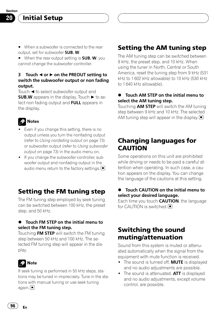 Setting the fm tuning step, Setting the am tuning step, Changing languages for caution | Switching the sound muting/attenuation, Initial setup | Pioneer AVH-P6800DVD User Manual | Page 96 / 120