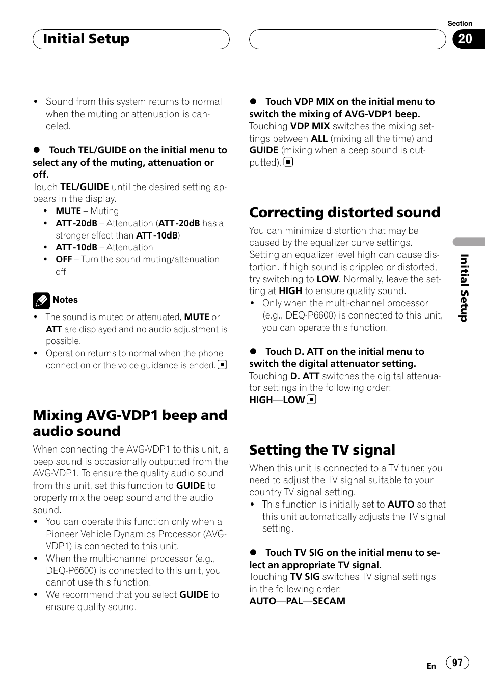 Mixing avg-vdp1 beep and audio sound, Correcting distorted sound, Setting the tv signal | Initial setup | Pioneer AVH-P6800DVD User Manual | Page 97 / 120
