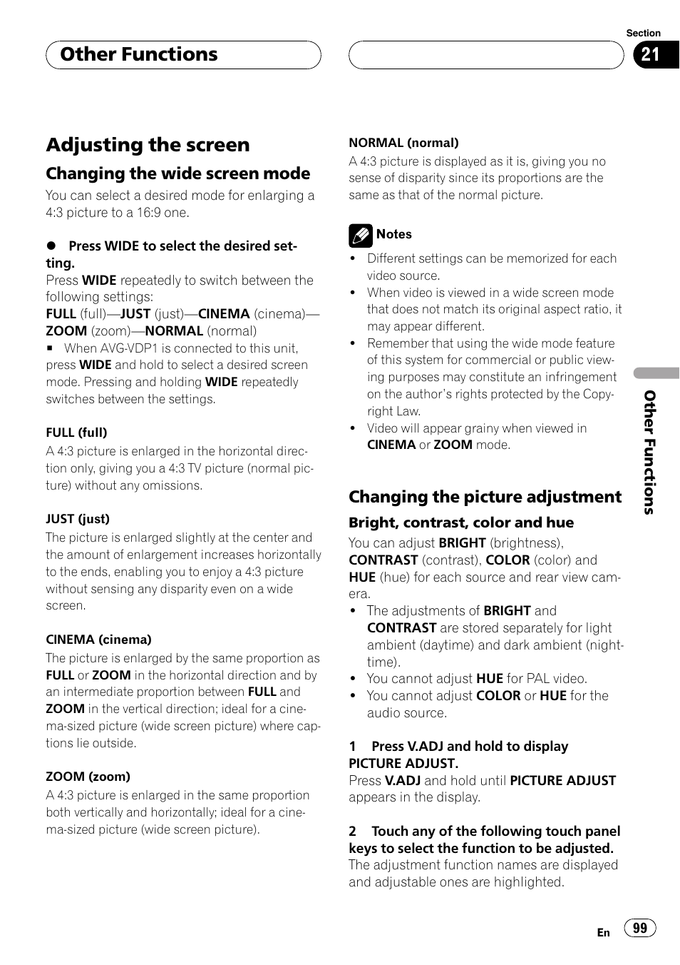 Other functions adjusting the screen, Adjusting the screen, Other functions | Changing the wide screen mode, Changing the picture adjustment | Pioneer AVH-P6800DVD User Manual | Page 99 / 120