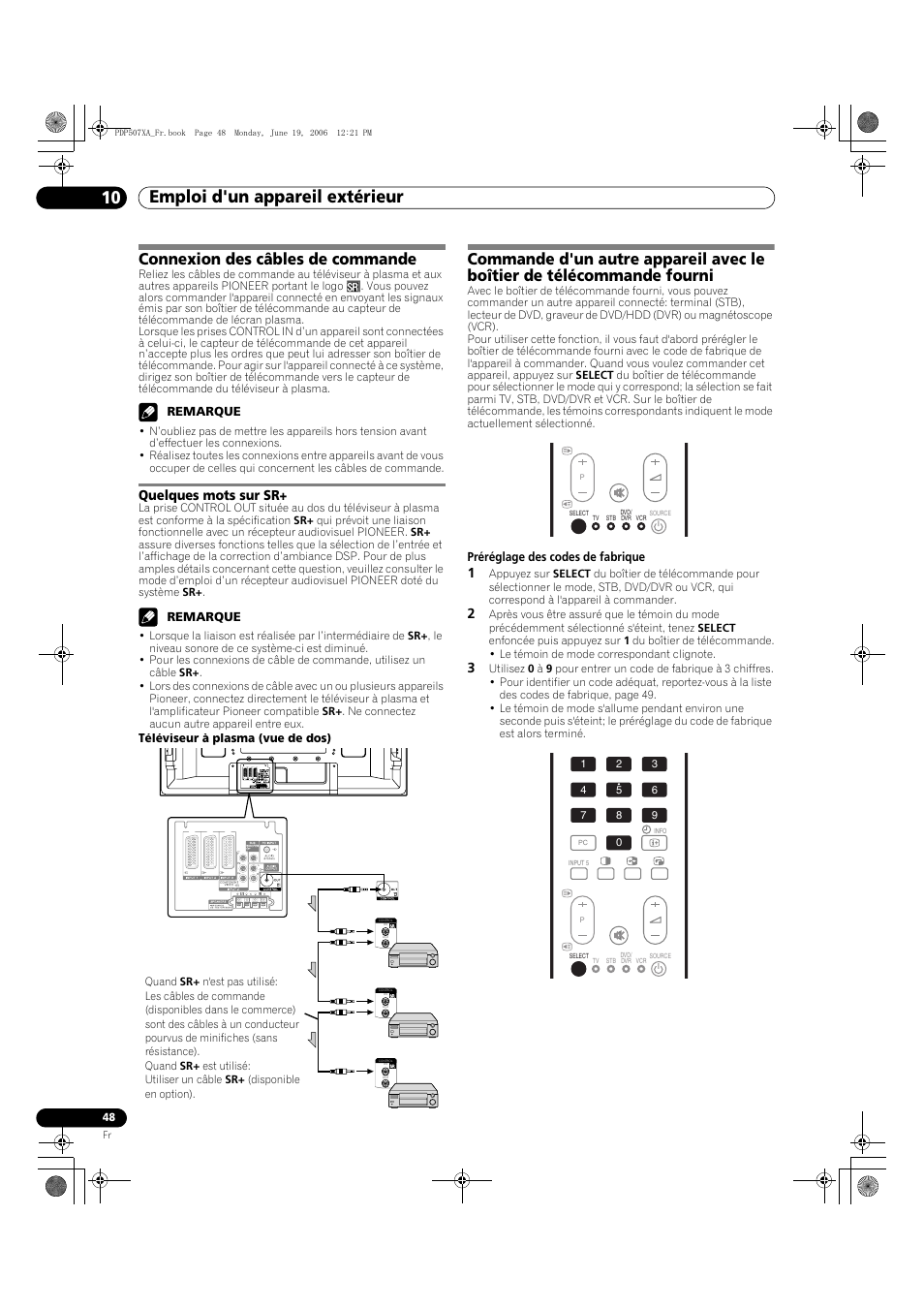 Connexion des câbles de commande, Quelques mots sur sr, Emploi d'un appareil extérieur 10 | Pioneer PDP-507XA User Manual | Page 104 / 171