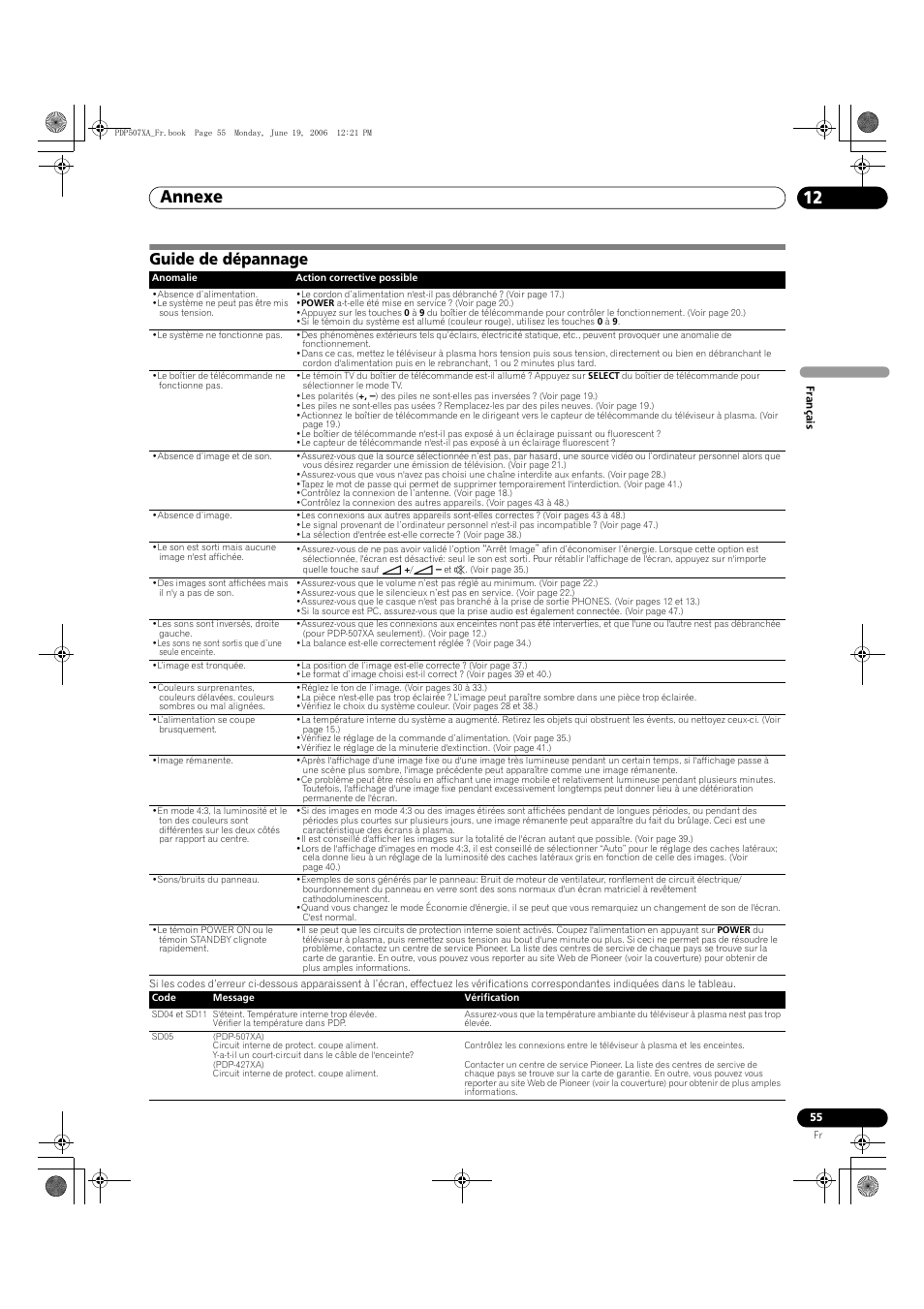 12 annexe, Guide de dépannage, Annexe 12 | Annexe | Pioneer PDP-507XA User Manual | Page 111 / 171