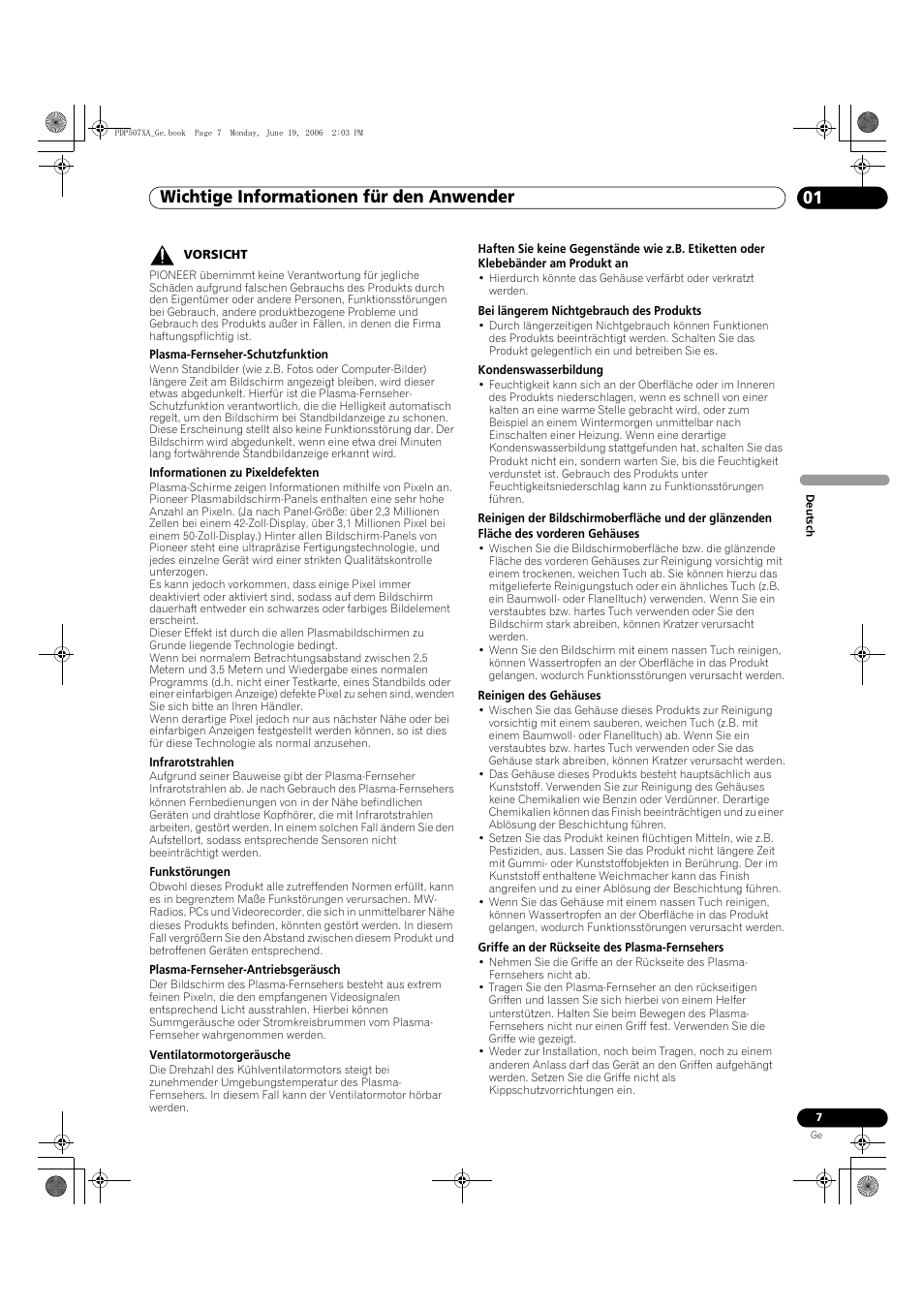 Wichtige informationen für den anwender 01 | Pioneer PDP-507XA User Manual | Page 119 / 171