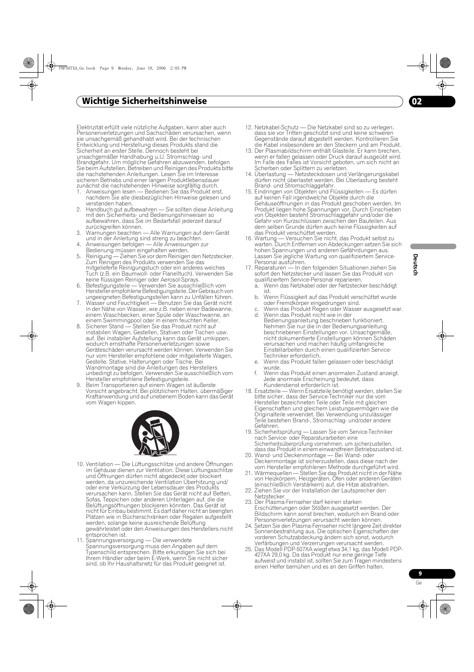 02 wichtige sicherheitshinweise, Wichtige sicherheitshinweise 02, Wichtige sicherheitshinweise | Pioneer PDP-507XA User Manual | Page 121 / 171