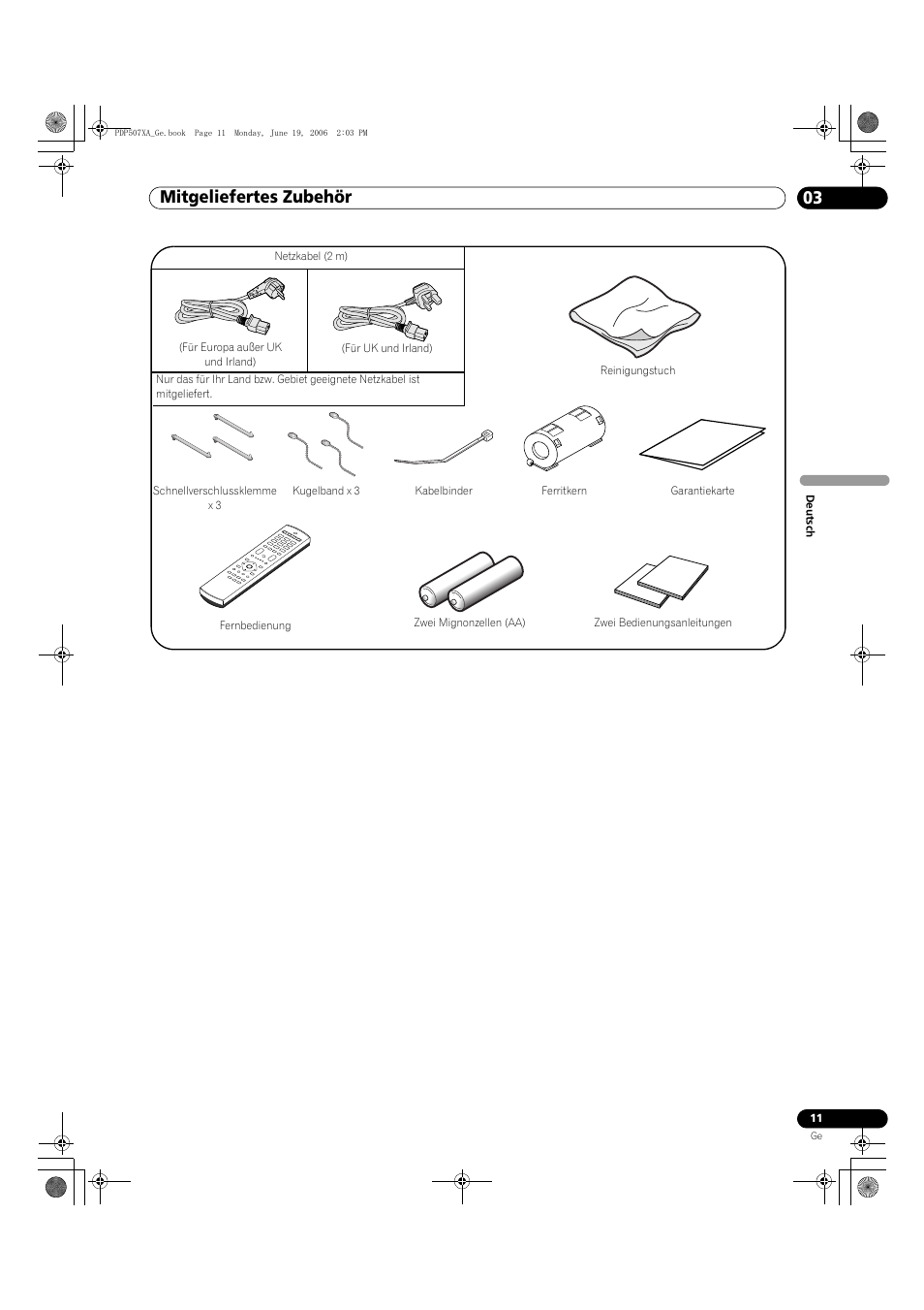 03 mitgeliefertes zubehör, Mitgeliefertes zubehör 03, Mitgeliefertes zubehör | Pioneer PDP-507XA User Manual | Page 123 / 171