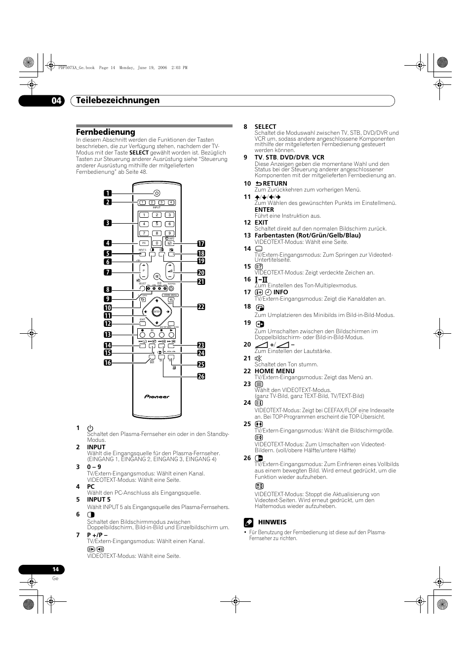 Fernbedienung, Teilebezeichnungen 04 | Pioneer PDP-507XA User Manual | Page 126 / 171