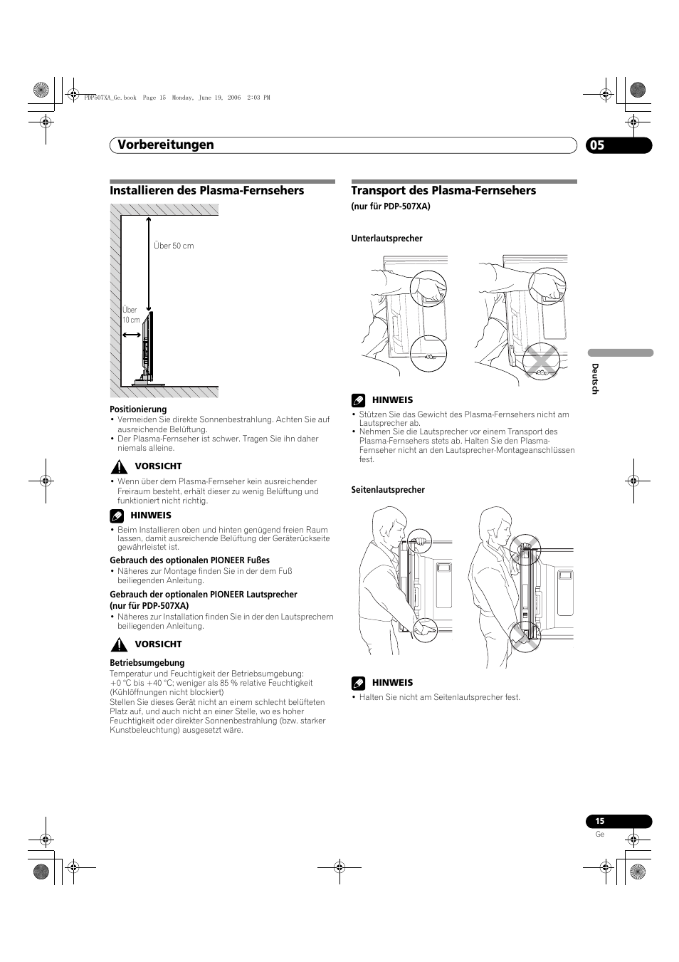 05 vorbereitungen, Vorbereitungen 05, Vorbereitungen | Installieren des plasma-fernsehers, Transport des plasma-fernsehers | Pioneer PDP-507XA User Manual | Page 127 / 171