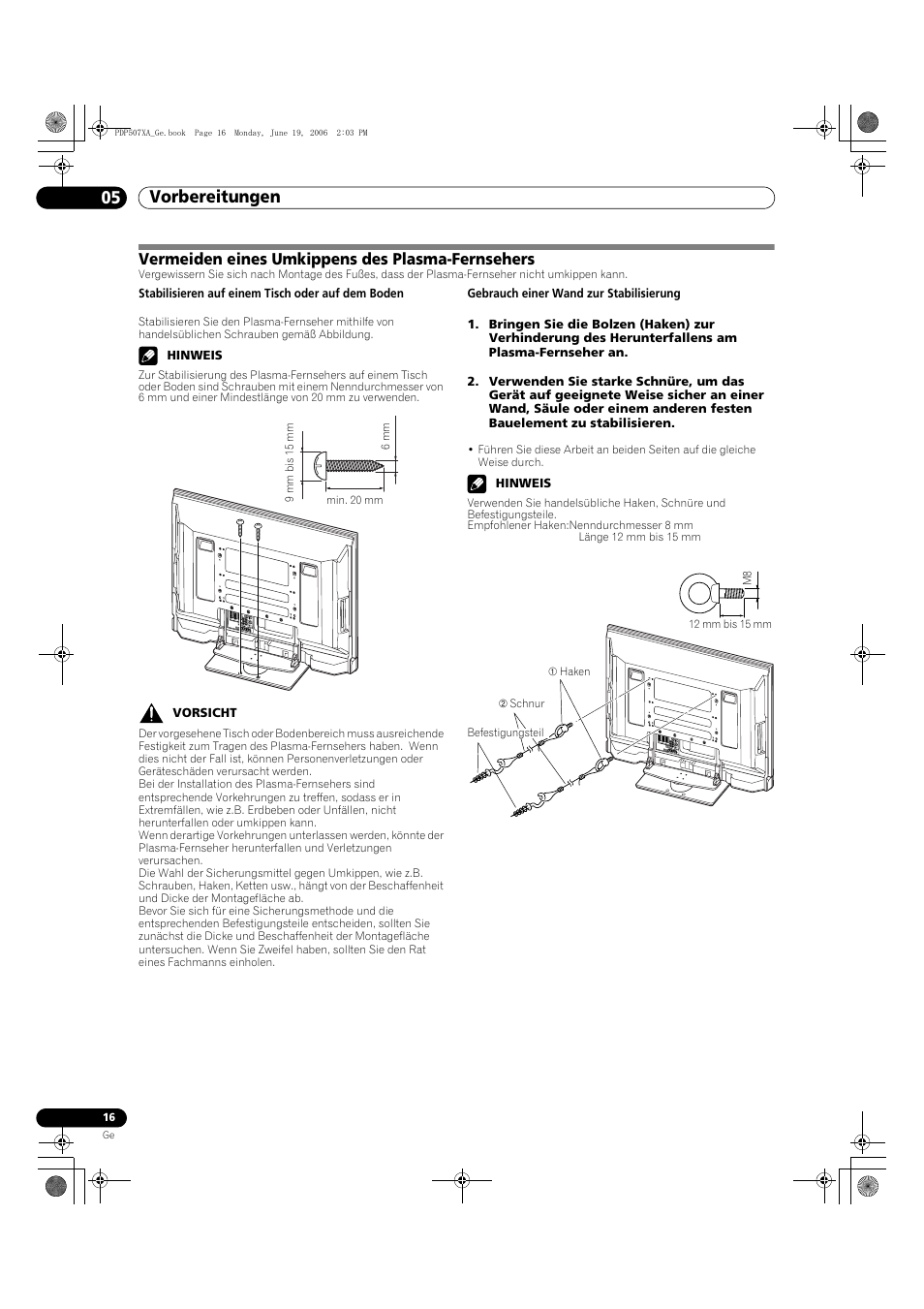 Vermeiden eines umkippens des plasma-fernsehers, Vorbereitungen 05 | Pioneer PDP-507XA User Manual | Page 128 / 171