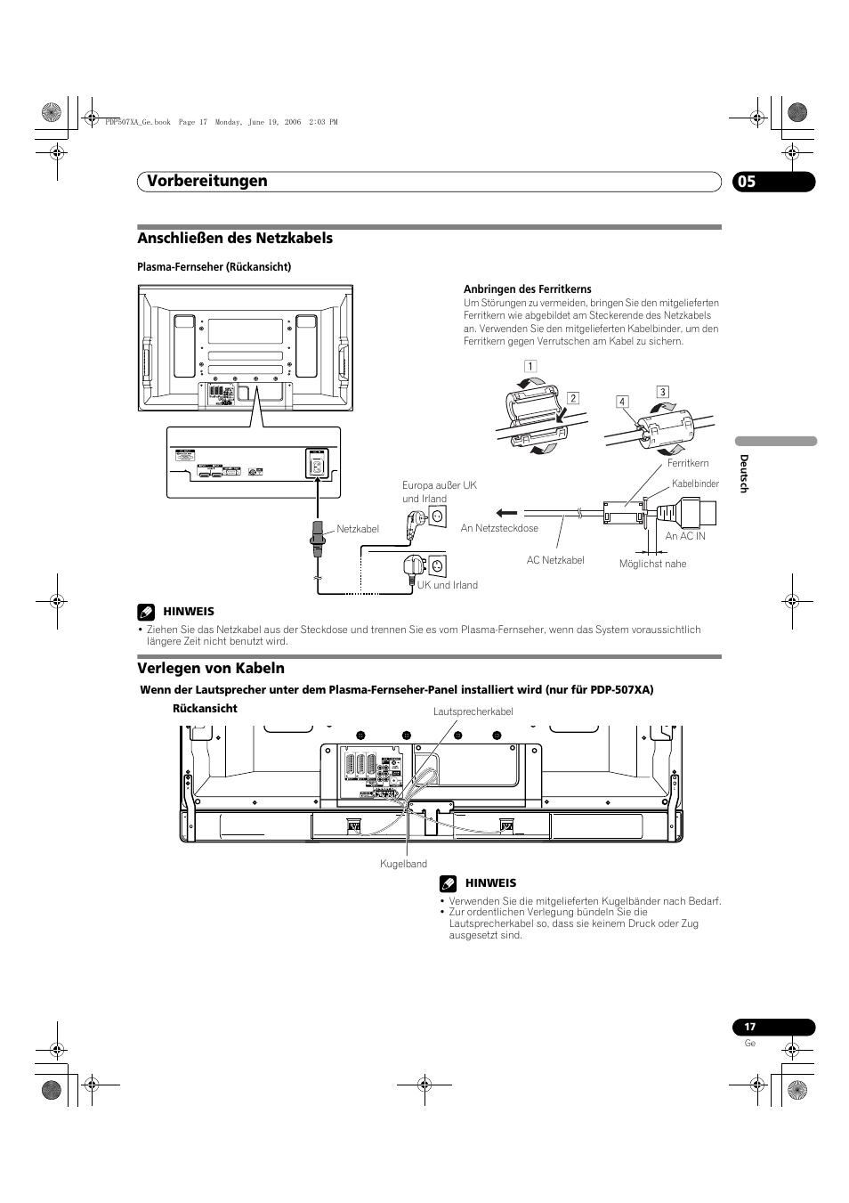 Anschließen des netzkabels verlegen von kabeln, Vorbereitungen 05, Anschließen des netzkabels | Verlegen von kabeln | Pioneer PDP-507XA User Manual | Page 129 / 171