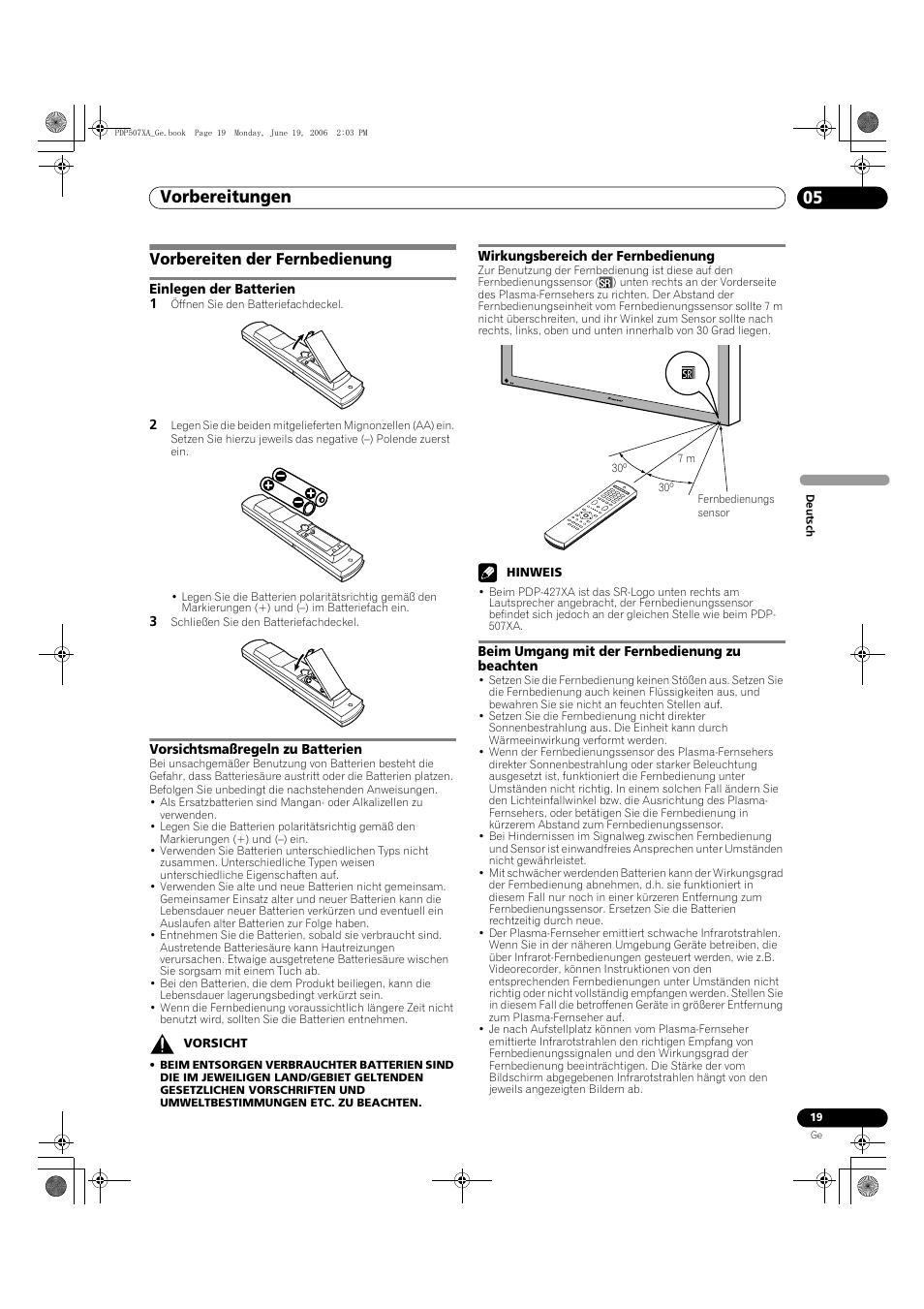 Vorbereiten der fernbedienung, Vorbereitungen 05 | Pioneer PDP-507XA User Manual | Page 131 / 171