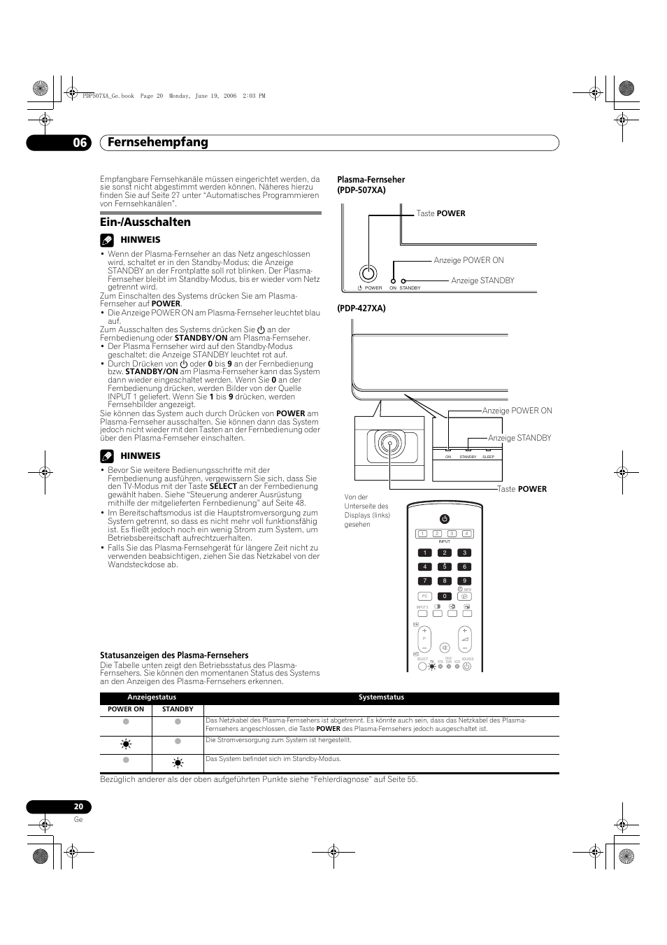 06 fernsehempfang, Ein-/ausschalten, Fernsehempfang 06 fernsehempfang | Pioneer PDP-507XA User Manual | Page 132 / 171