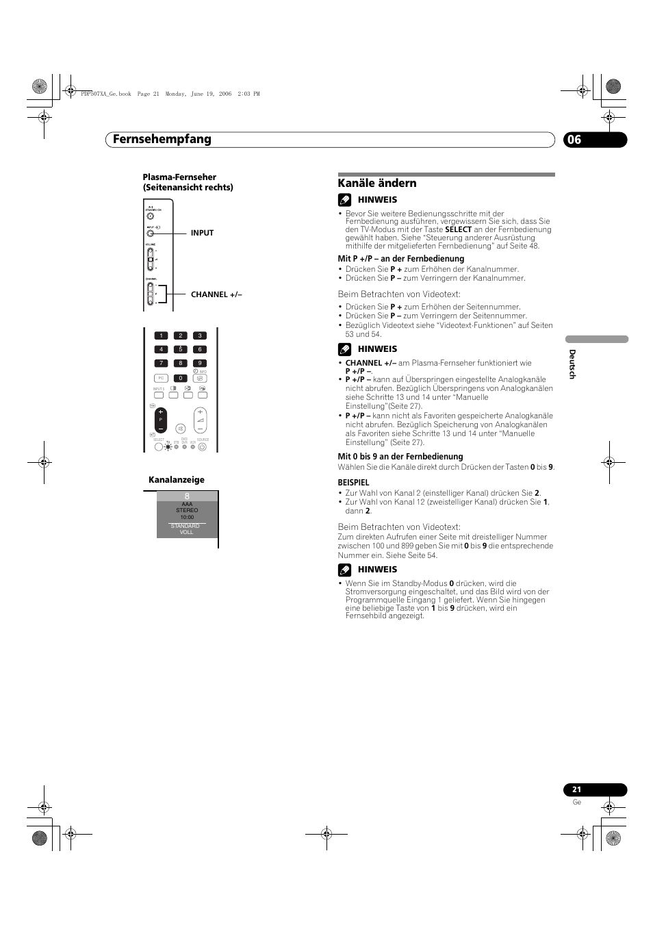 Kanäle ändern, Fernsehempfang 06 | Pioneer PDP-507XA User Manual | Page 133 / 171