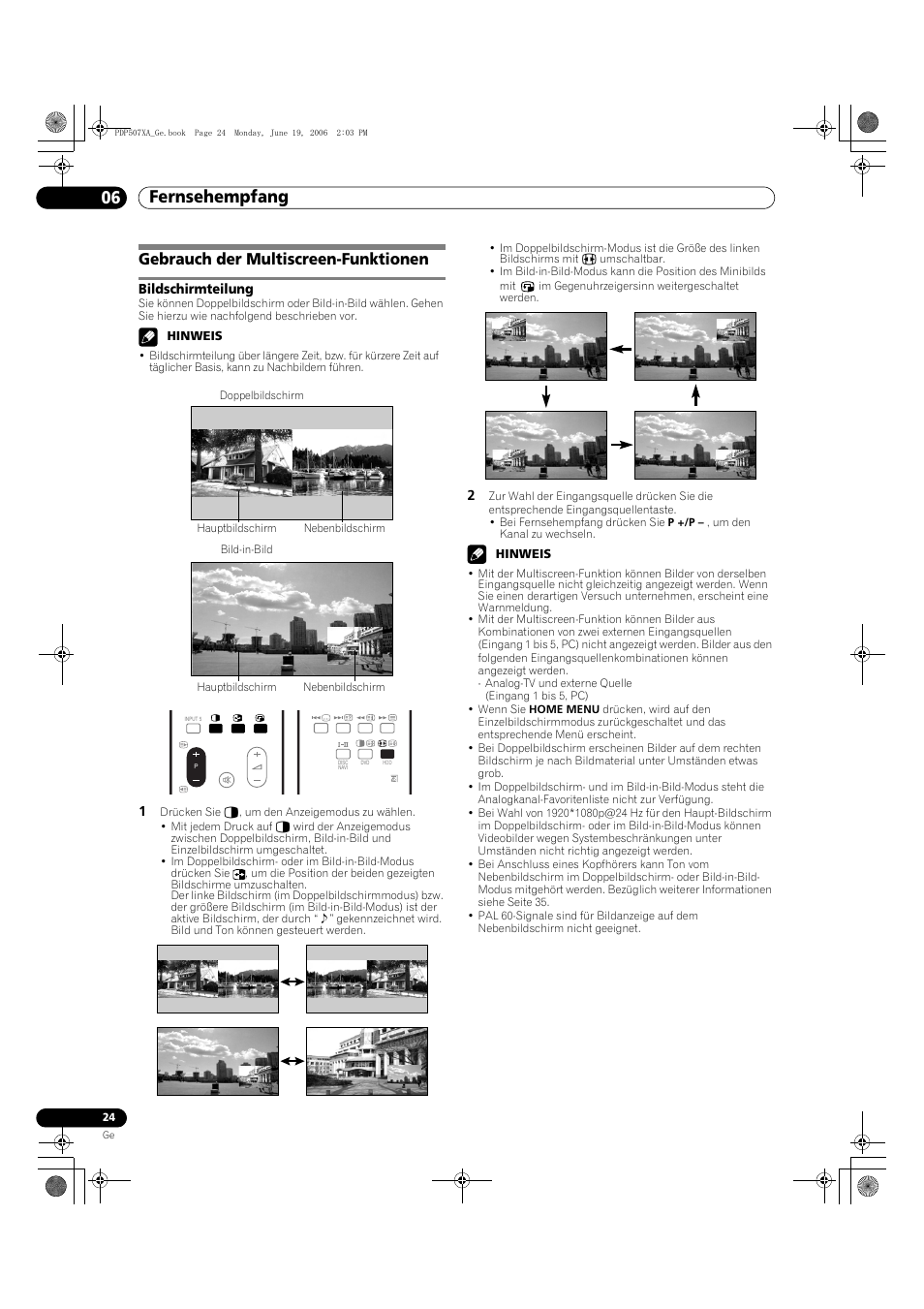 Gebrauch der multiscreen-funktionen, Bildschirmteilung, Fernsehempfang 06 | Pioneer PDP-507XA User Manual | Page 136 / 171