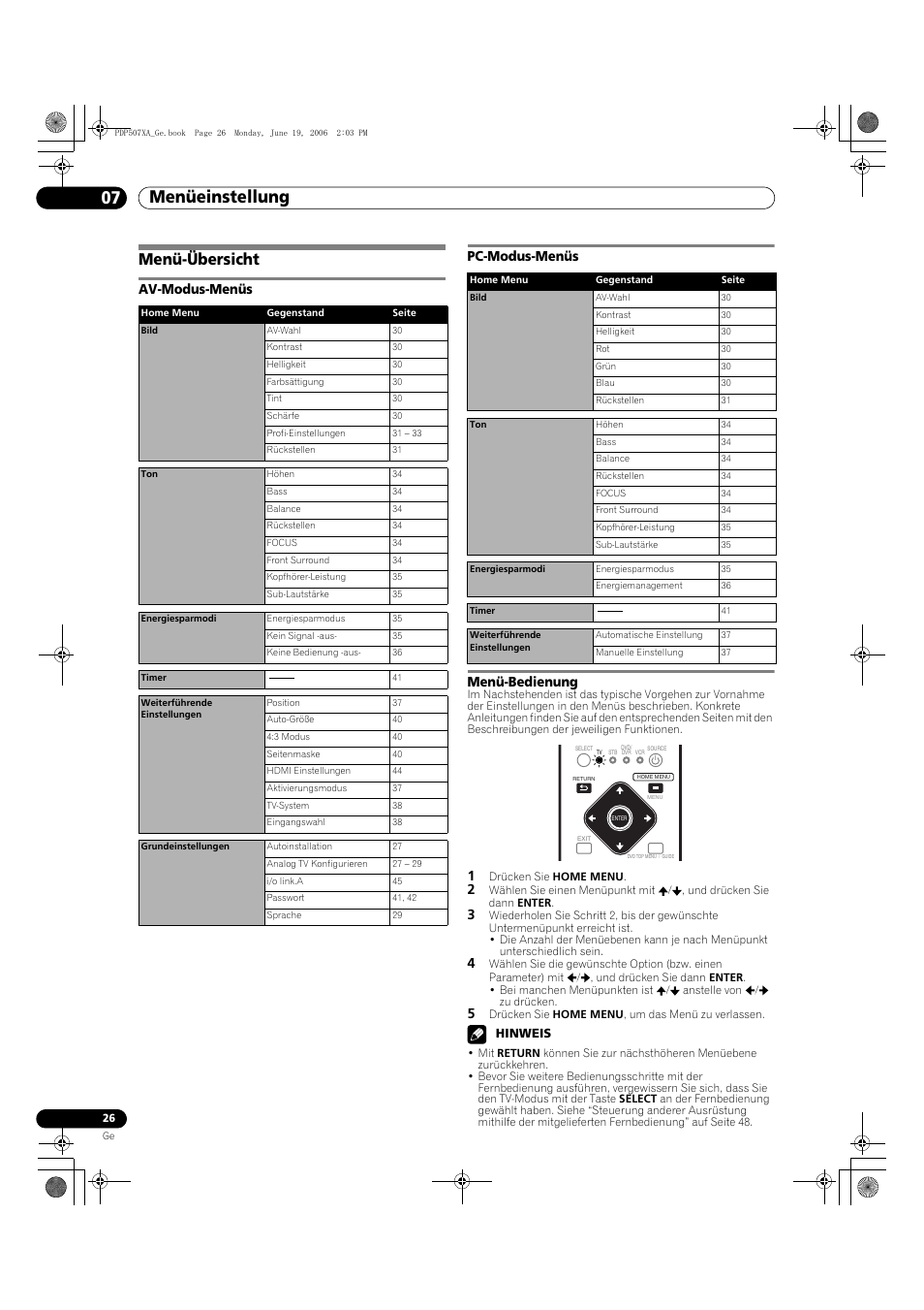 07 menüeinstellung, Menü-übersicht, Av-modus-menüs pc-modus-menüs menü-bedienung | Menüeinstellung 07 menüeinstellung, Hinweis | Pioneer PDP-507XA User Manual | Page 138 / 171