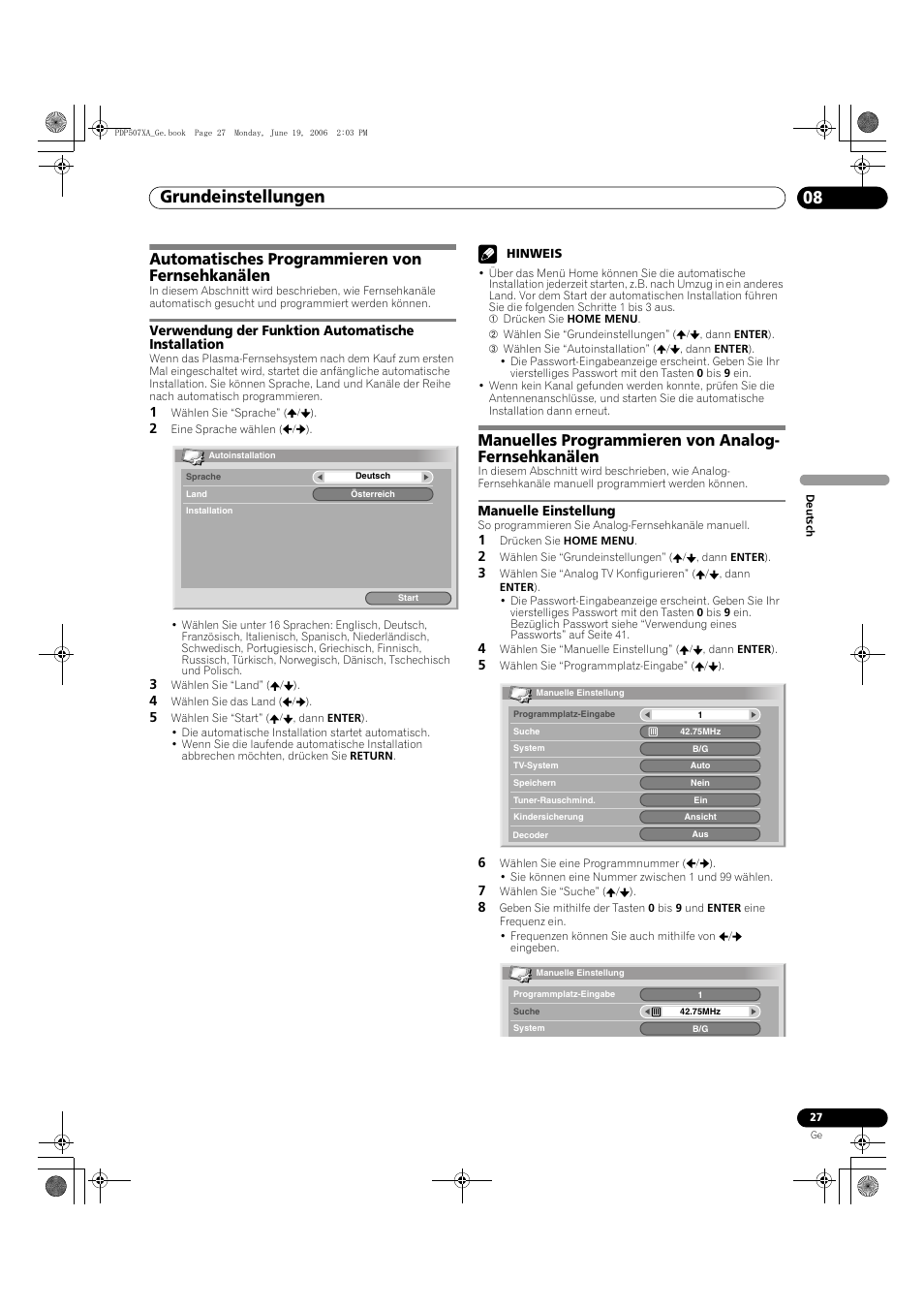 08 grundeinstellungen, Automatisches programmieren von fernsehkanälen, Verwendung der funktion automatische installation | Manuelles programmieren von analog-fernsehkanälen, Manuelle einstellung, Grundeinstellungen 08, Grundeinstellungen, Manuelles programmieren von analog- fernsehkanälen | Pioneer PDP-507XA User Manual | Page 139 / 171