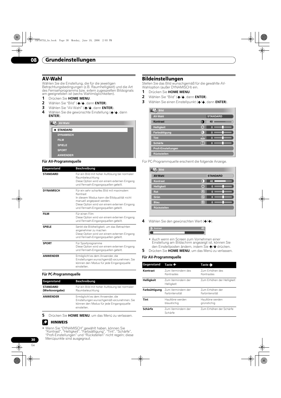 Av-wahl bildeinstellungen, Grundeinstellungen 08, Av-wahl | Bildeinstellungen | Pioneer PDP-507XA User Manual | Page 142 / 171