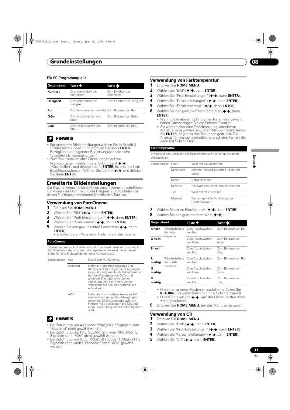 Erweiterte bildeinstellungen, Grundeinstellungen 08 | Pioneer PDP-507XA User Manual | Page 143 / 171