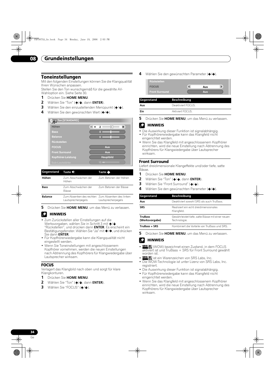 Toneinstellungen, Focus front surround, Grundeinstellungen 08 | Pioneer PDP-507XA User Manual | Page 146 / 171