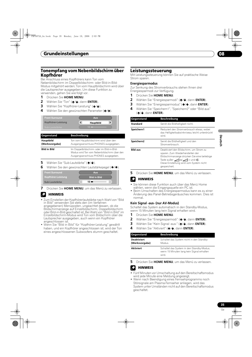 Grundeinstellungen 08, Tonempfang vom nebenbildschirm über kopfhörer, Leistungssteuerung | Pioneer PDP-507XA User Manual | Page 147 / 171