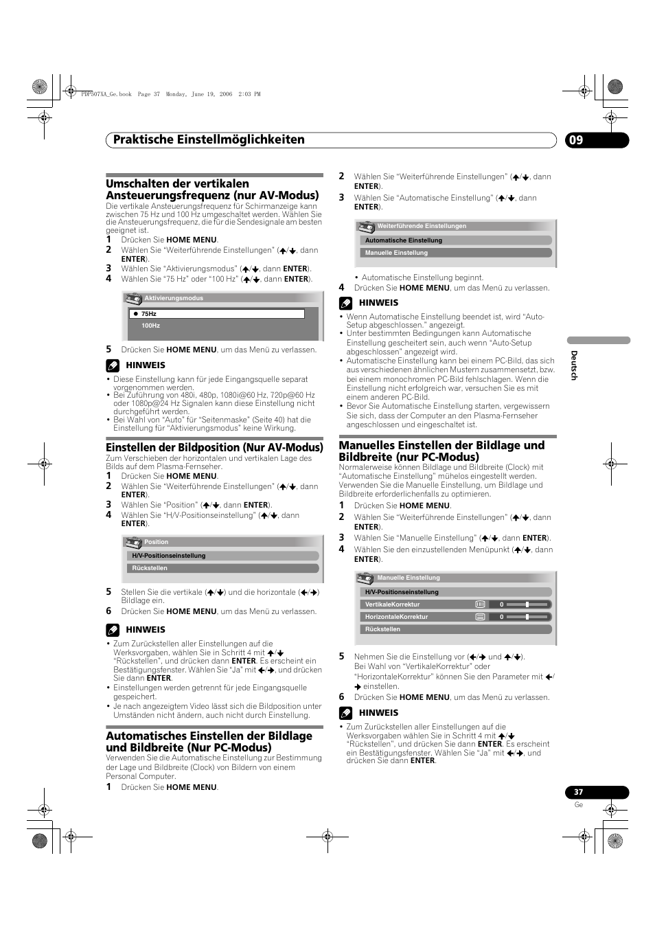 09 praktische einstellmöglichkeiten, Praktische einstellmöglichkeiten 09, Praktische einstellmöglichkeiten | Einstellen der bildposition (nur av-modus) | Pioneer PDP-507XA User Manual | Page 149 / 171