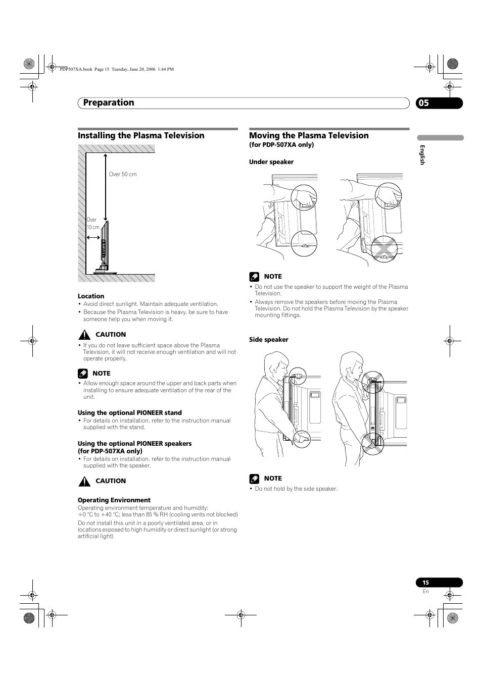 05 preparation, Preparation 05, Preparation | Installing the plasma television, Moving the plasma television | Pioneer PDP-507XA User Manual | Page 15 / 171