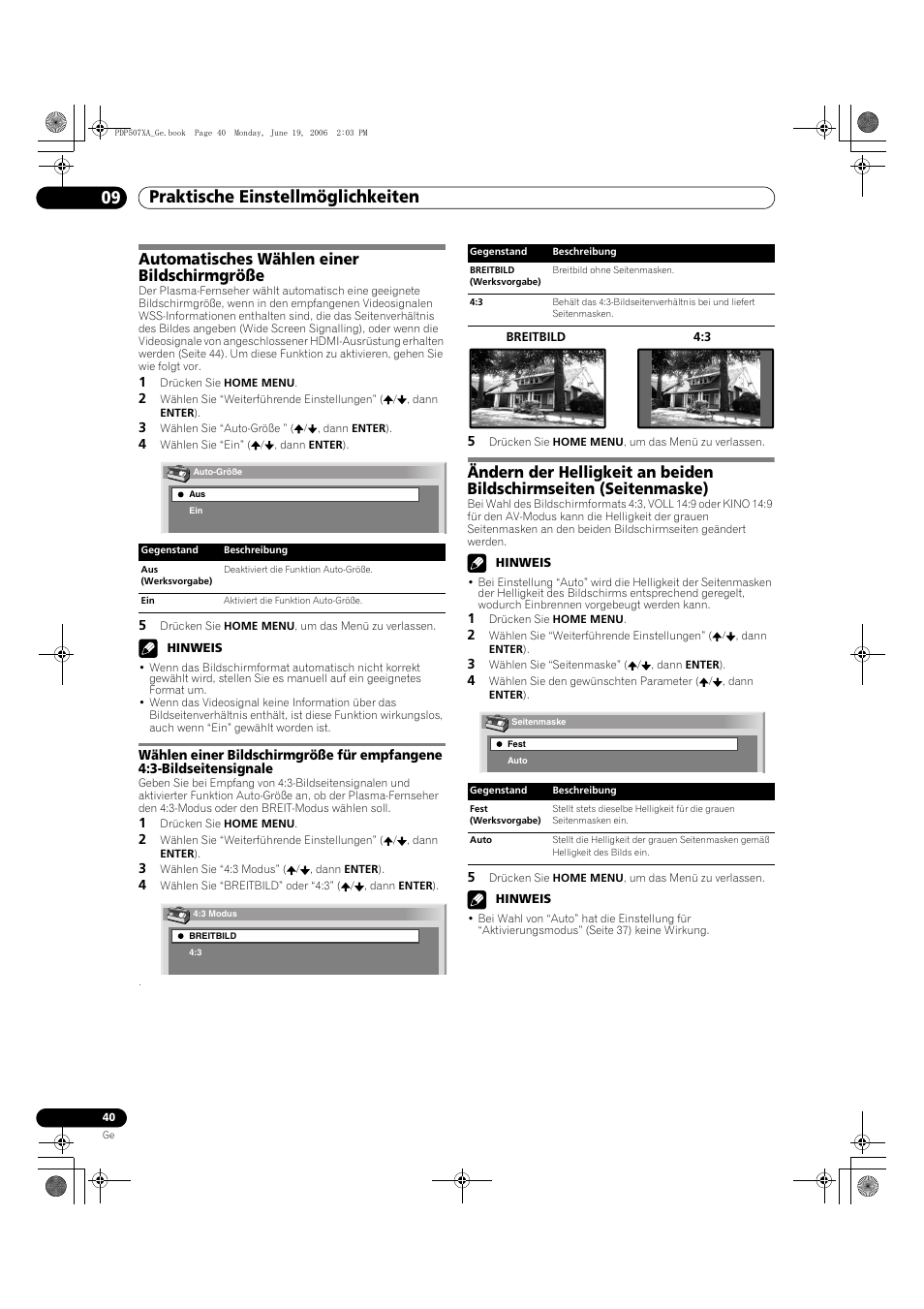 Automatisches wählen einer bildschirmgröße, Praktische einstellmöglichkeiten 09 | Pioneer PDP-507XA User Manual | Page 152 / 171