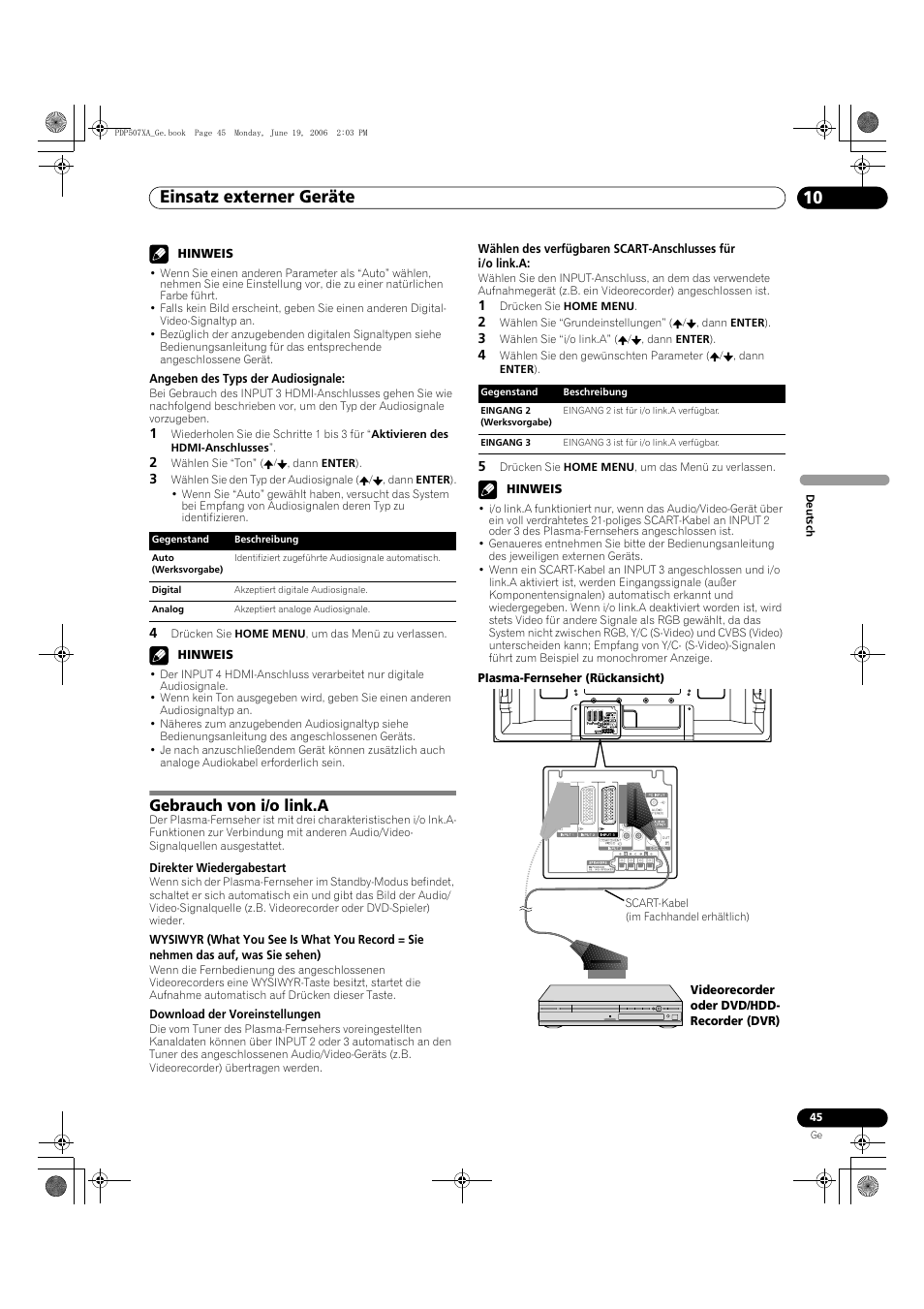 Gebrauch von i/o link.a, Einsatz externer geräte 10 | Pioneer PDP-507XA User Manual | Page 157 / 171