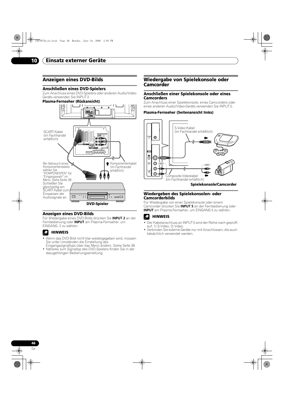 Anzeigen eines dvd-bilds, Wiedergabe von spielekonsole oder camcorder, Einsatz externer geräte 10 | Pioneer PDP-507XA User Manual | Page 158 / 171