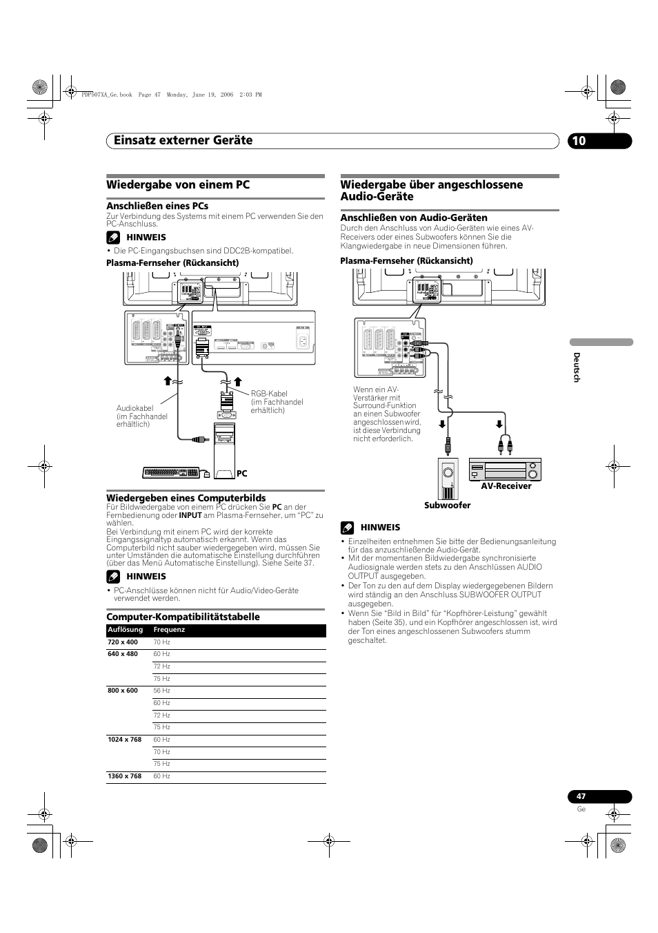 Wiedergabe von einem pc, Wiedergabe über angeschlossene audio-geräte, Anschließen von audio-geräten | Einsatz externer geräte 10 | Pioneer PDP-507XA User Manual | Page 159 / 171