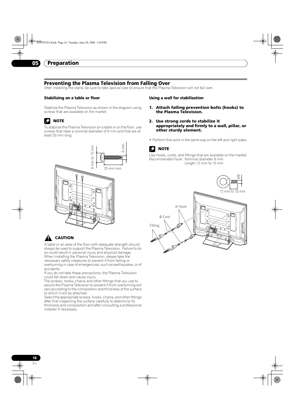 Preventing the plasma television from falling over, Preparation 05 | Pioneer PDP-507XA User Manual | Page 16 / 171